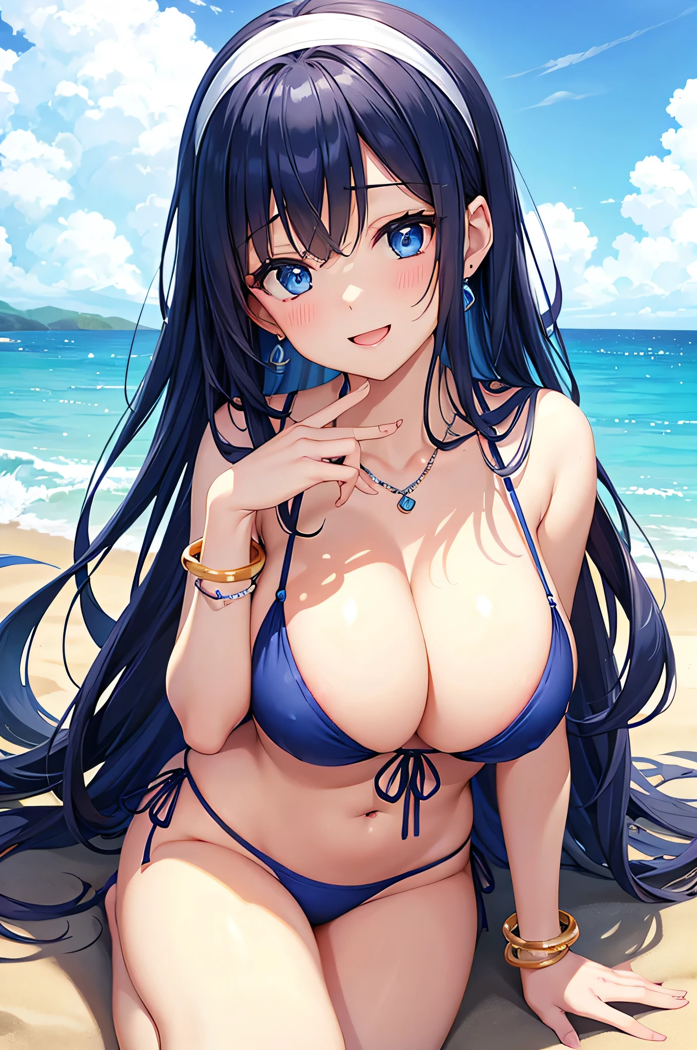 highest quality、Best image quality、masterpiece、beautiful girl、Navy blue long hair、blue eyes、Navy Blue Bikini、Big cleavage、(Big Breasts)、smile、blue necklace、Blue Earrings、background(Beach)、Sexy pose、Please open your mouth wide、White headband、Lying on the Beach、bracelet