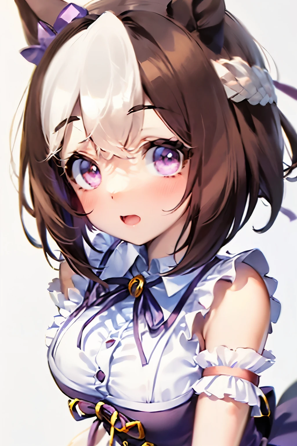 special_week_\(Umamusume)、bow ribbon、bow ribbon、bow ribbon、corsets、Fluffy breasts、nursing、toppless、teats、The upper part of the body、(Refers to the viewer:1.3)、Happiness、(White background:1.5)、(front-facing view:1.3)