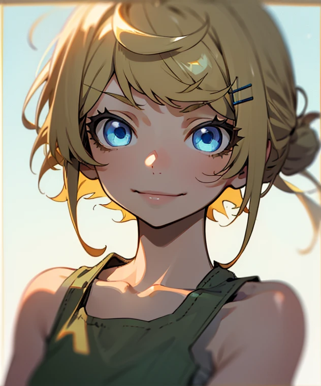 １Girl、Short blonde bob hair tied into a bun with a hair clip, Blue eyes、He smiles、Really looks like、Khaki tank top、Upper body close-up、Morning Café Terrace、Blur background, Depth of written borders