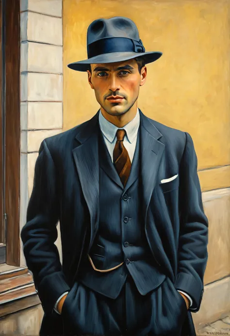 oil painting of handsome and masculine man in a suit and tie an hat in front of a building, noir detective and a felt hat, anos ...