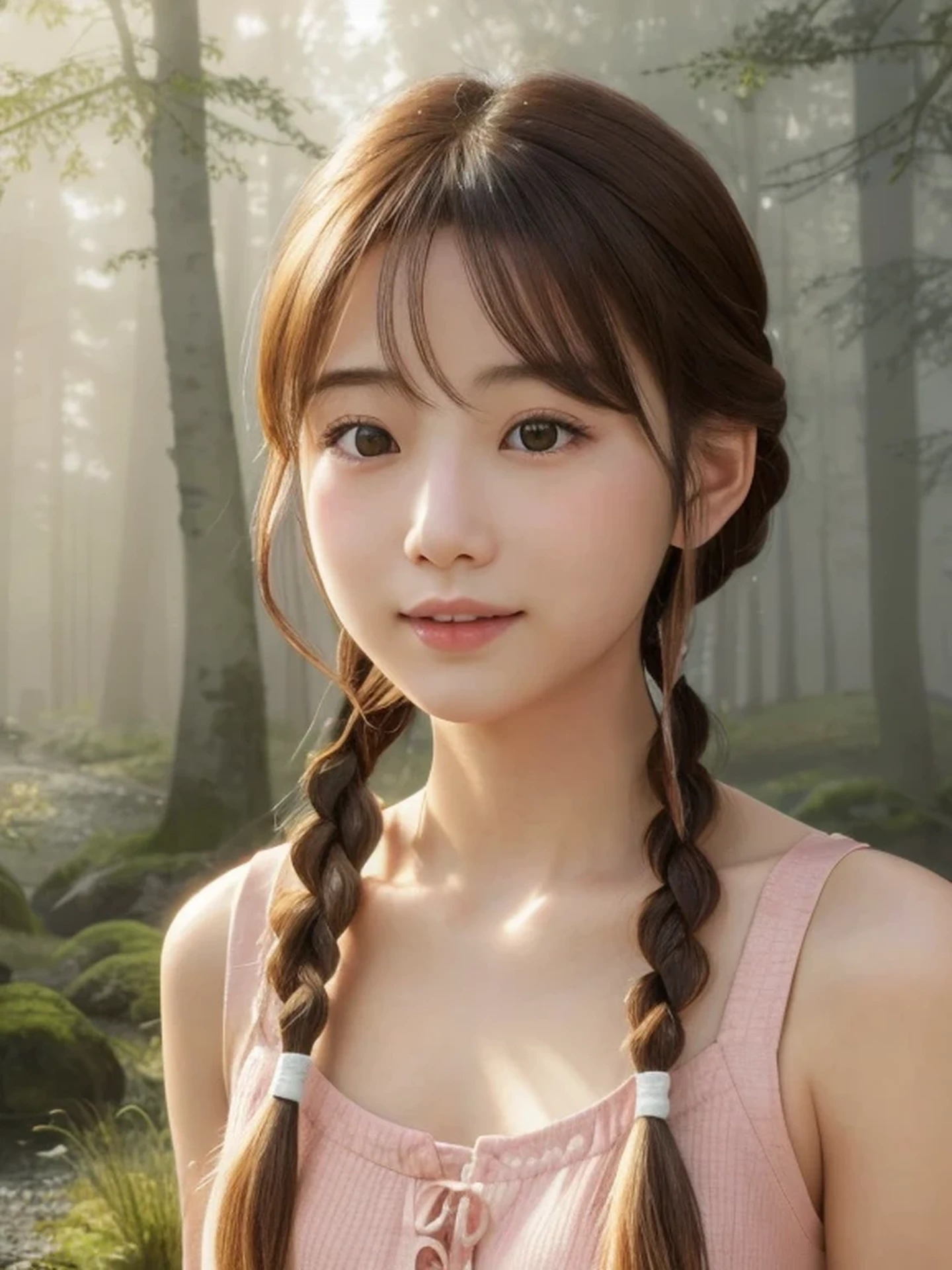 Beautiful Japanese girl, sad, open mouth to say something, shy, Soft skin and a nice perfect face, A small face with a nose and rosy lips, Beautiful Eyes, Beautiful smile. Surrounded by a bright, ethereal glow、 braid hair,, Tank top, Hyperrealistic female photos, High quality high resolution 8K masterpiece, The morning sunlight shines through the misty forest path,
