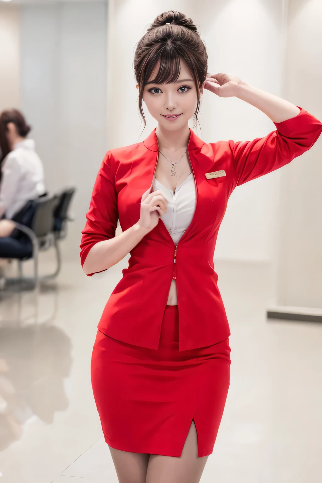 (masterpiece:1.2, highest quality:1.2), 32K HDR, High resolution, (alone、1 girl)、(At the airport lounge、Professional Lighting)、Airport Lounge Background、Beautiful lounge view、(Realistic style with AirAsia flight attendant uniforms)、(AirAsia uniform unzipped red jacket、AirAsia uniform long sleeve red jacket、AirAsia uniform red mini tight skirt、AirAsia uniform white shirt unbuttoned)、Big Breasts、(AirAsia uniform shirt showing big breasts)、Dark brown hair、(Hair tied up、Bun Hair、Chignon)、Dark brown hair、Long Shot、((Fine hand:2.0)),((Harmonious body proportions:1.5)),((Normal limbs:2.0)),((Normal finger:2.0)),((Delicate eyes:2.0)),((Normal eyes:2.0)))、Luxury Necklace、Beautiful appearance,Place your hands around your stomach