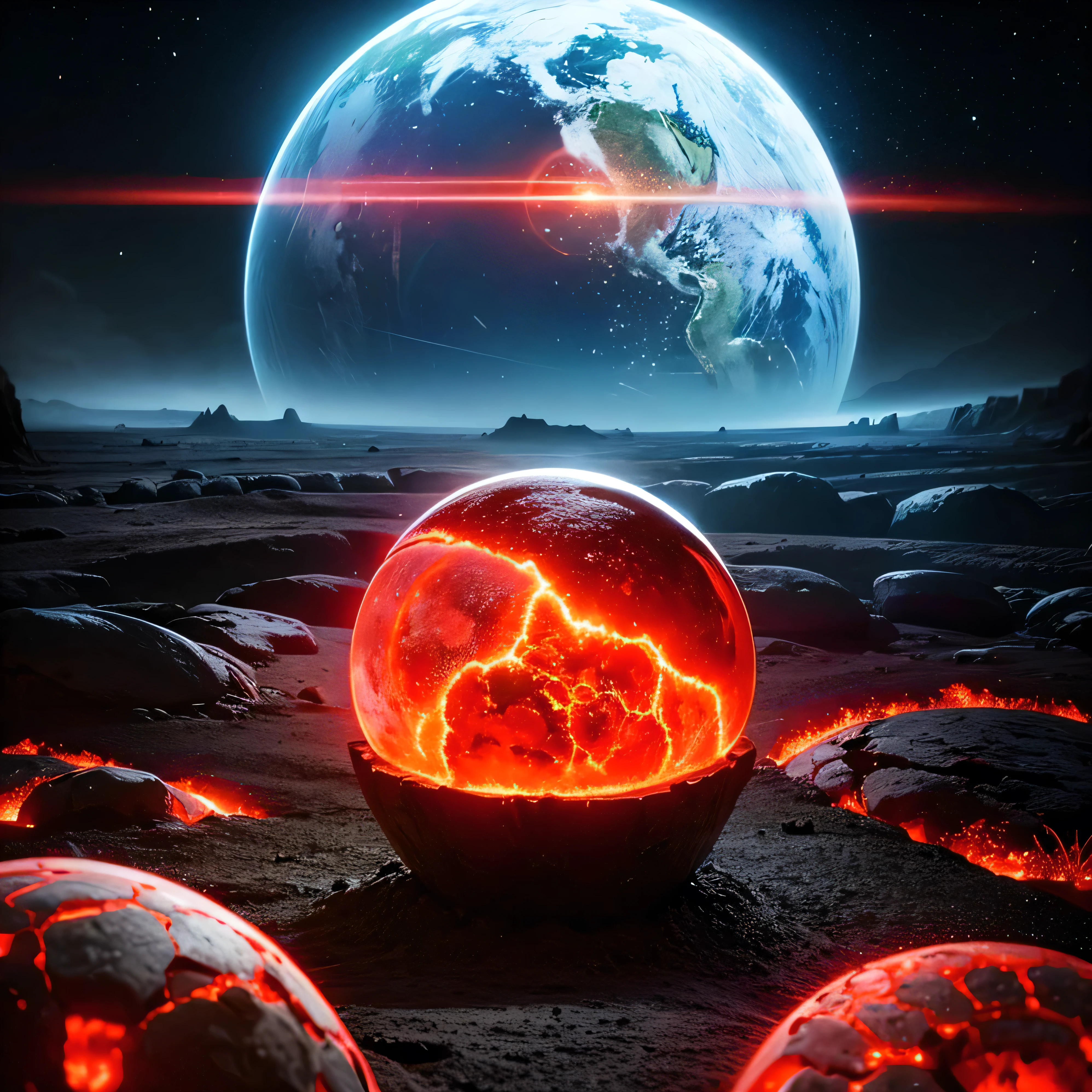 cybernetic earth with a red light inside, mechanized earth crust, the earth sprouts lava, earth's red mantle is visible, hollow earth, vtm, canyons and ridges all across earth

