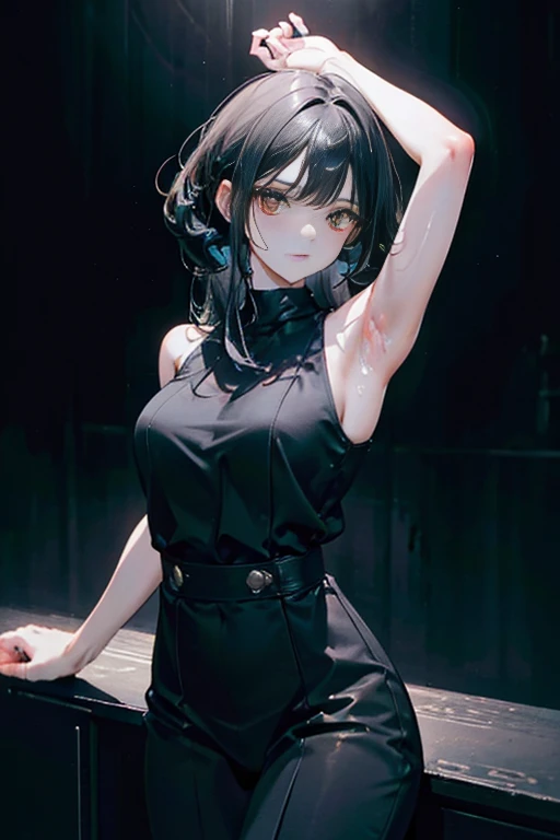 a beautiful girl with medium black hair, golden eyes, doing her hair in a pose, armpits visible, sweaty, female rover, wuthering waves, masterpiece, best quality, highres, 8k, extremely detailed, photorealistic, photo-realistic, vivid colors, studio lighting, physically-based rendering, professional, intricate details, hyper-detailed, sharp focus, cinematic lighting, dramatic atmosphere, cinematic composition