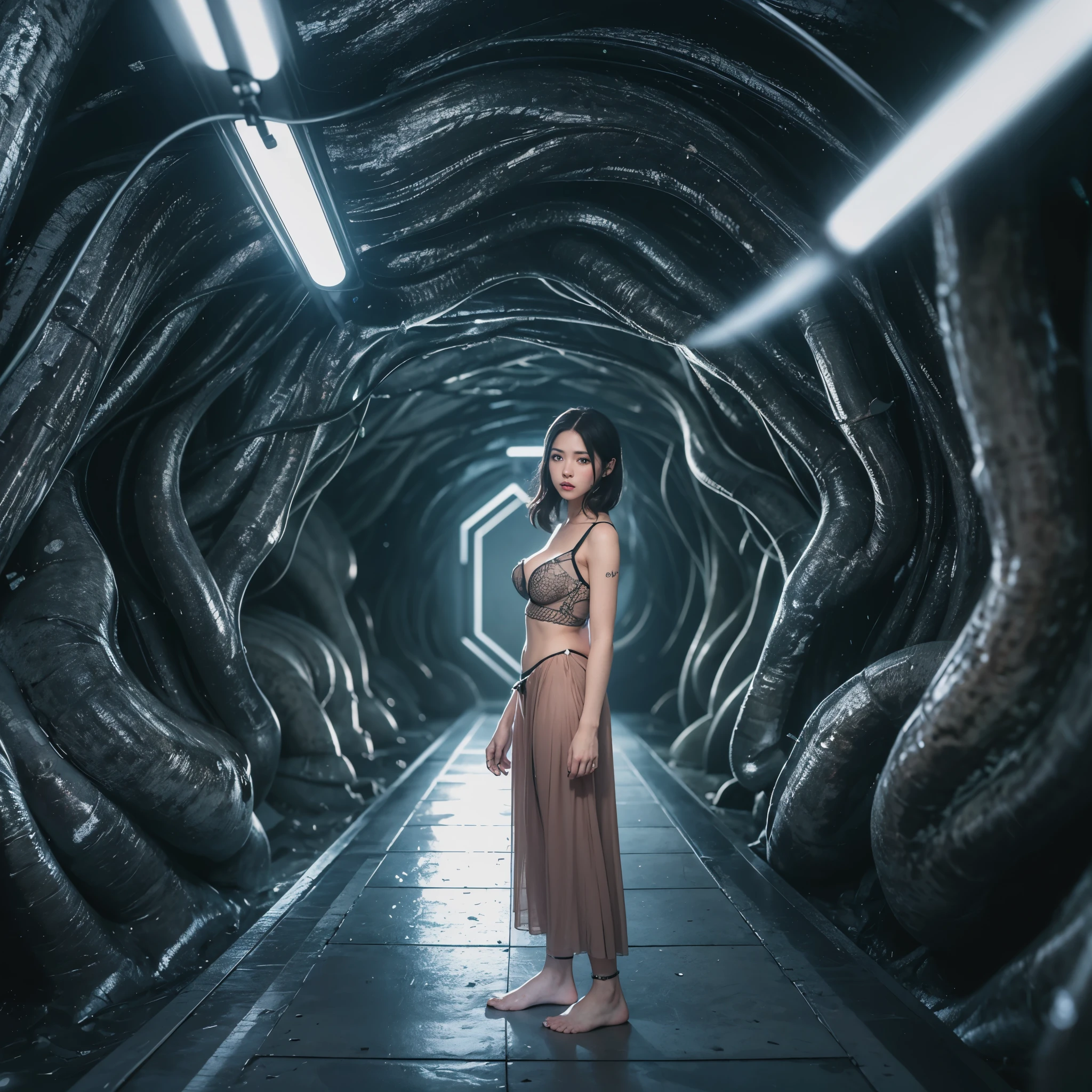 Best quality，masterpiece，16k,Artistic，In the curved tunnel，In the space-time channel，Space Insect Cave，Translucent Tunnel，Science Fiction，Complex structure，1girl，Dynamic poses，Looking at the camera，Girl being chased by monster