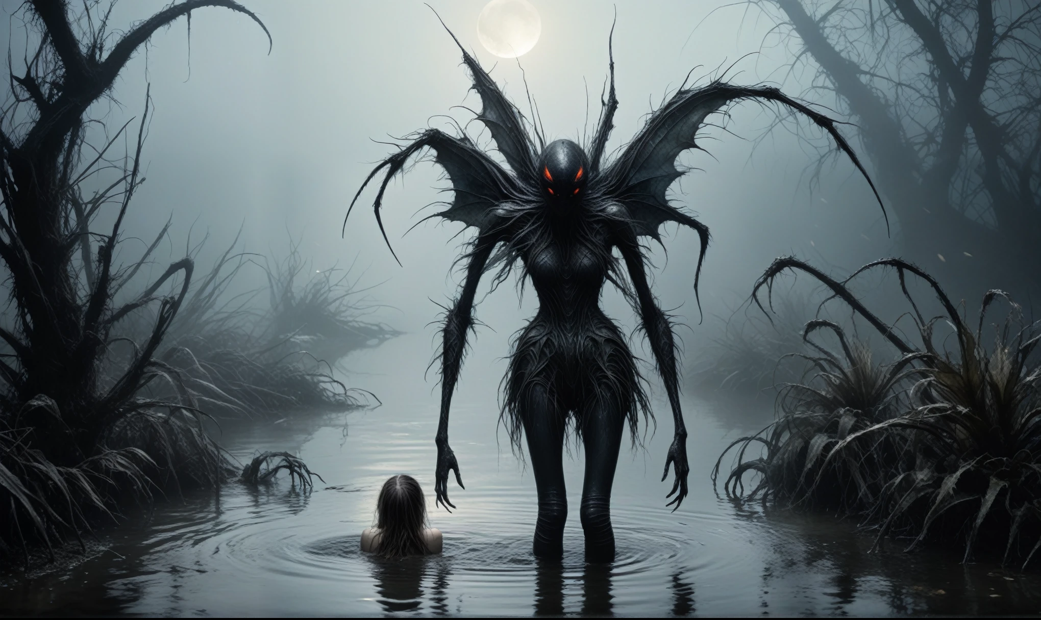 Quentin Blake Style Photography - Surreal、wlop,full body length,once pretty,full body,bailong plant girl made of dead plants,a girl made of charcoal plants,charcoal The Alien Entity,ominous landscape, niobium graphite atmosphere,dangerous atmosphere,intricate details,realistic graphite skin,extremely intricate details,Epic Realistic,At night, light shone on her,anatomically correct,eyes extremely detailed, high detailed eyes,UHD,Retina,HDR,Technicolor,natural skin textures, hyper realism, hyper detailed,High contrast,Realism,Ultra Detailed,irina yermolova,close full body shot, masterpiece,faded,8k resolution,RAW, Nikon Z9,pixie,nicola samori,ominous dragon wing,spider,pale demon woman crawling out the water in a foggy marsh, horror movie, cinematic look, creepy aesthetic, ultra detailed, photorealistic masterpiece
