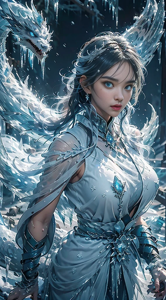 (((1girll))),(Perfect facial features:1.4),Wearing an fantastic armored dress,icey,ice wings,Splattered liquid,Wavy liquid,air bubble,standing on water,Behind her is a huge ice dragon,drak,Wave,Blue glow,(Frost wings),(((Powerful Ice Magic))),(((Icicles))),Soar above the landscape,Blue Light Cold Light,(((Ice Storm))),Wind,((Flying snow ice and snow)),Amazing results,large breast, best quality,tmasterpiece,超A high resolution,Up to detail,intricate-detail,8K resolution,8KUCG Wallpaper,nffsw,Water Blue,magic array,cinematic lighting effect,lightand shade contrast,Ray traching、NVIDIA RTX