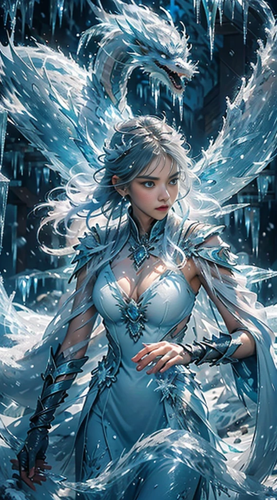 (((1girll)))，（Perfect facial features：1.4），Wearing an fantastic armored dress，icey，ice wings，Splattered liquid，Wavy liquid，air bubble，standing on water，Behind her is a huge ice dragon，drak，Wave，Blue glow，（Frost wings），(((Powerful Ice Magic)))，(((Icicles)))，Soar above the landscape，Blue Light Cold Light，(((Ice Storm)))，Wind，((Flying snow ice and snow))，Amazing results,large breast, best quality,tmasterpiece,超A high resolution,Up to detail,intricate-detail,8K resolution,8KUCG Wallpaper,nffsw,Water Blue,magic array,cinematic lighting effect,lightand shade contrast，Ray traching、NVIDIA RTX