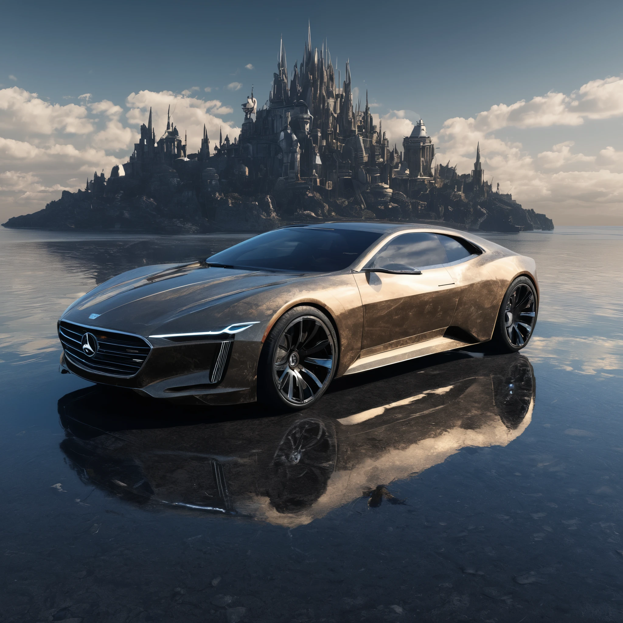 A luxurious island floating in a coffee cup, golden tones, blue sky, reflective surfaces, a road with cars, lightning, against the background of space, Karl Lagerfeld style, charming, victorious, intricate, beautiful, magnificent style of Yossi Kotler, Karl Lagerfeld, golden ratio, cgsociety trends, intricate, epic, artstation trend, from artgerm, K.R. Giger & Beksinski, High detail, Vivid Cinematic character drawings, Ultra-high quality Model, Mika Asai Macro photography, Close-up, Excessive detail, Artstation Trends, Clear Focus, Studio Photography, Complex Details, High detail, Greg Rutkowski, Mika Asai, Macro photography, Close-up, Excessive detail, Artstation Trends, Sharp Focus, Studio photography, Complex details, High detail, Greg Rutkowski