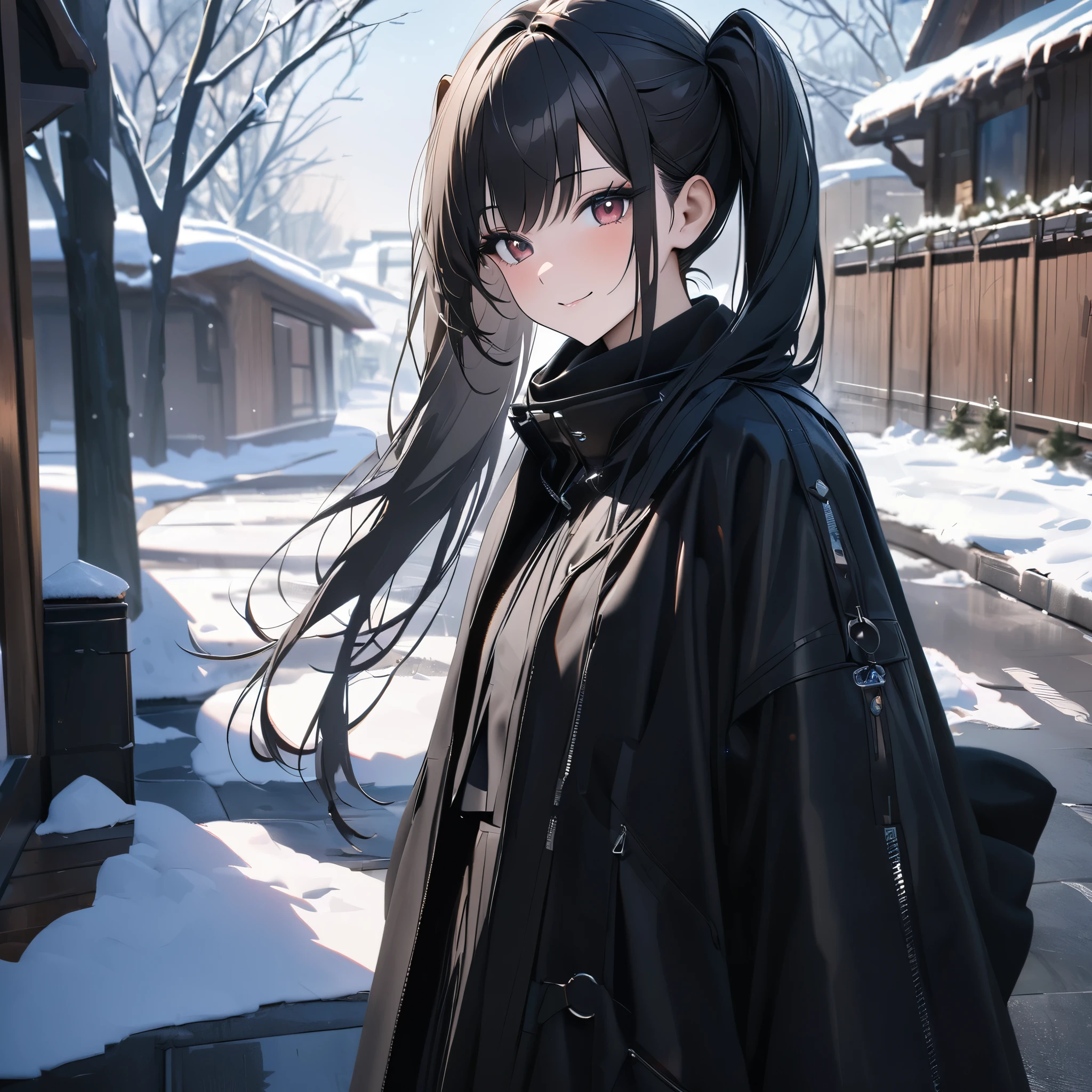 A woman wearing a luxury black coat with white details, black skirt, black tights, black leather boots,perfect eyes, perfect face, long black hair, pigtails, black gloves, burgundy eyes, smiling,face view close up, walking on a modern concrete sidewalk, atmosphere of Winter in place with trees and house covered in snow, full body.shadow, flower, UHD, masterpiece, accurate, anatomically correct, textured skin, super detail, high quality, best quality, 8k, high resolution, bokeh effect.( solo woman)
