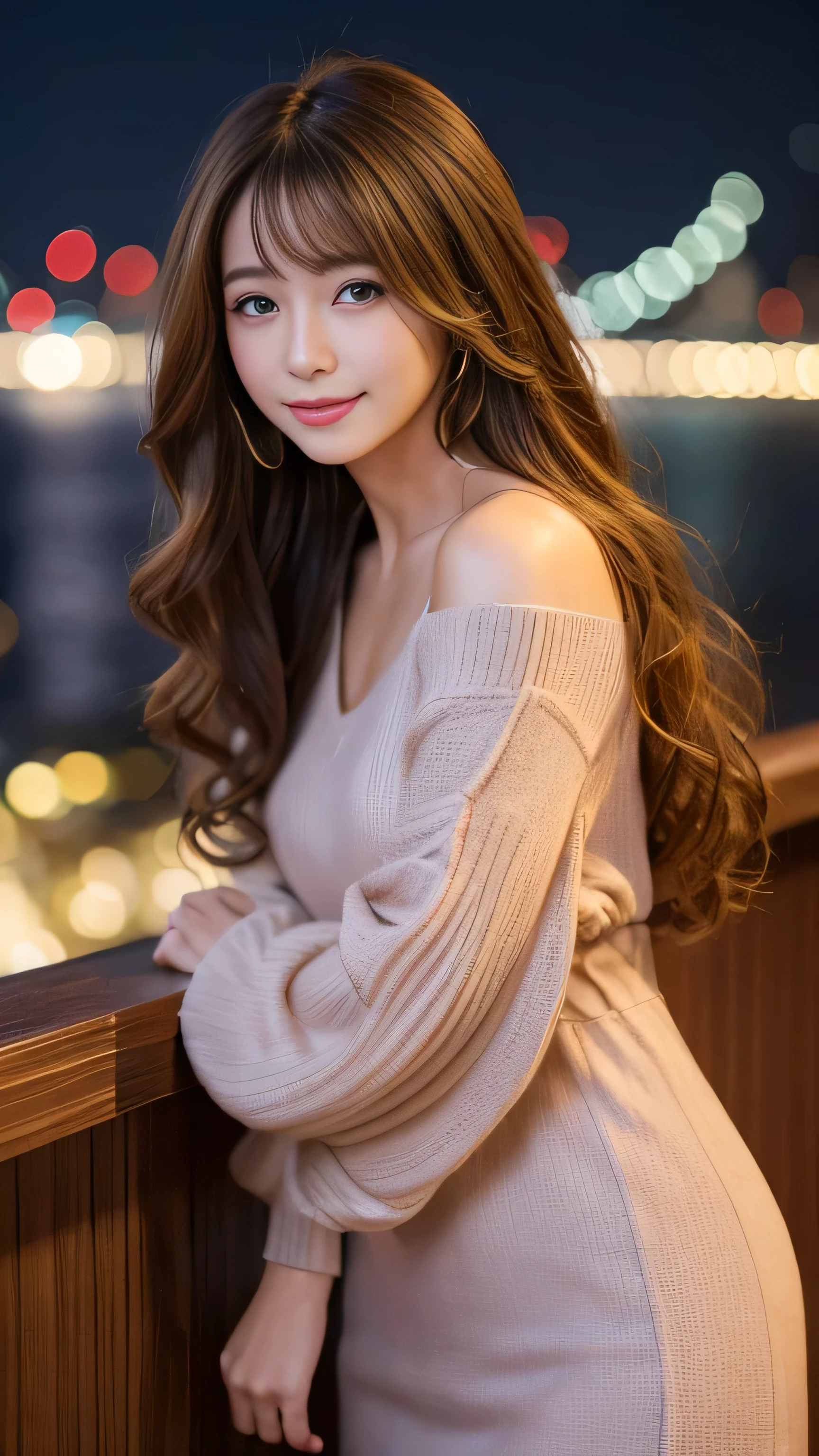 highest quality,masterpiece,超A high resolution,RAW Photos,One Girl,Loose perm hair、length、Brown Hair、Arms crossed、Japanese、Loose perm hair、length、Brown Hair、smile、Arms crossed、Professional photography、Same skin type as humans、A woman dressed in Japanese clothing from head to toe、Blur the background、Anatomical accuracy、Very detailed and beautiful、Ultra HD、length、Her hair is flowing and sexy、Very detailed beautiful girl、Shoulder-length hair、sweater、Night City、City night view、Ultra-high resolution、