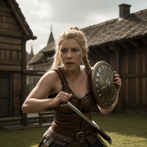 A shieldmaiden Lagertha Lodbrok fights in a big battle against 2 Englishmen with sword and shield,sehr detailliertes Gesicht,schlachtfeld kriegsschauplatz,leichen,Gloomy atmosphere, high quality, detailed, ultra-detailliert, realistic, High Resolution, Meisterwerk, 4k,8k