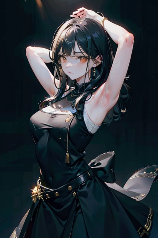 a beautiful girl with medium black hair, golden eyes, doing her hair in a pose, armpits visible, sweaty, female rover, wuthering waves, masterpiece, best quality, highres, 8k, extremely detailed, photorealistic, photo-realistic, vivid colors, studio lighting, physically-based rendering, professional, intricate details, hyper-detailed, sharp focus, cinematic lighting, dramatic atmosphere, cinematic composition