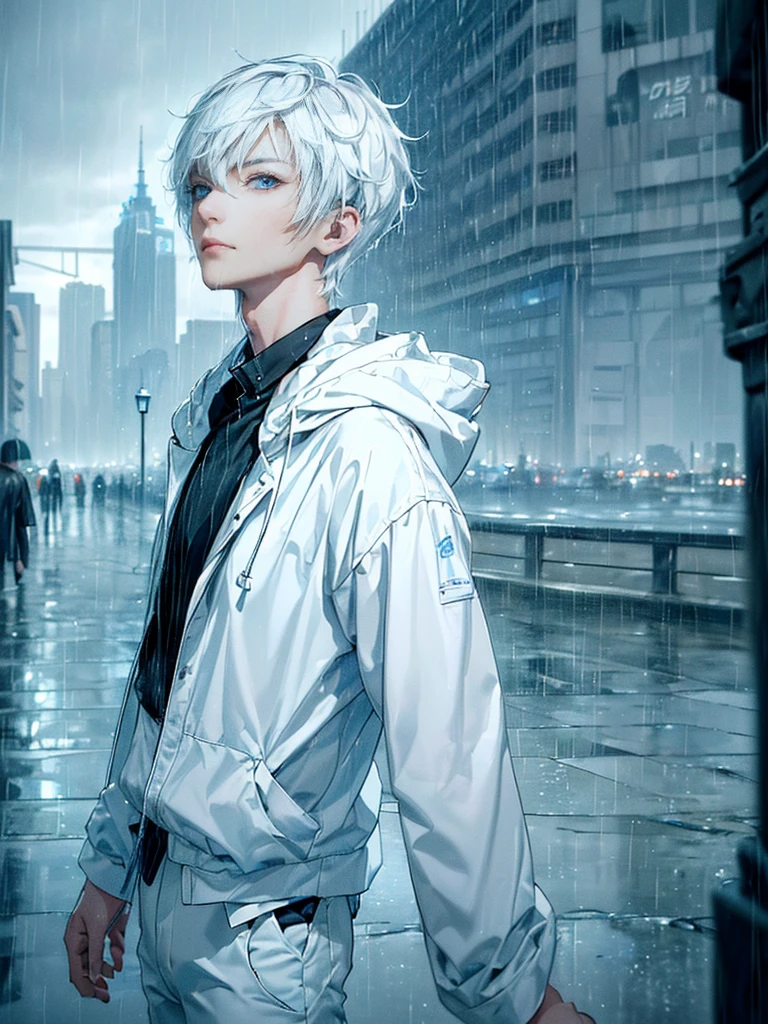 ((4K works))、masterpiece、(top-quality)、One beautiful boy、Slim body、tall、((Black Y-shirt and white pants、Charming street style))、Please wear one jacket、Wearing a hood to hide his face、(Detailed beautiful eyeorning City、((Rainy city))、Fashionable city with morning rain、During the walk、((Bright, Cloudy sky))、((Face similar to Carly Rae Jepsen))、((Short-haired white hair))、((Smaller face))、((Neutral face))、((Bright blue eyes))、((American adult male))、((Adult male 26 years old))、((Cool Men))、((Like a celebrity))、((Glaring at him with a wild expression))、((Korean Makeup))、((elongated and sharp eyes))、((Happy dating))、((boyish))、((Upper body photography))、Professional Photoodel photo))、((Shot alone))、((He's under the roof))、((Looking up at the sky))、((photographed from the back))、((He is looking upwards))、((His eyes are looking upwards))、((Increase the angle of the face))、((He is walking in front of the viewer))