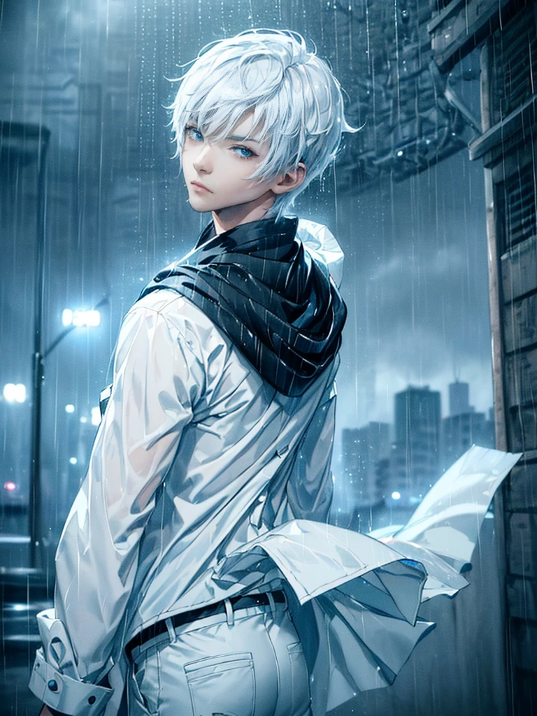 ((4K works))、masterpiece、(top-quality)、One beautiful boy、Slim body、tall、((Black Y-shirt and white pants、Charming street style))、Please wear one jacket、Wearing a hood to hide his face、(Detailed beautiful eyeorning City、((Rainy city))、Fashionable city with morning rain、During the walk、((Bright, Cloudy sky))、((Face similar to Carly Rae Jepsen))、((Short-haired white hair))、((Smaller face))、((Neutral face))、((Bright blue eyes))、((American adult male))、((Adult male 26 years old))、((Cool Men))、((Like a celebrity))、((Glaring at him with a wild expression))、((Korean Makeup))、((elongated and sharp eyes))、((Happy dating))、((boyish))、((Upper body photography))、Professional Photoodel photo))、((Shot alone))、((He's under the roof))、((Looking up at the sky))、((photographed from the back))、((He is looking upwards))、((His eyes are looking upwards))、((Increase the angle of the face))、((He is walking in front of the viewer))