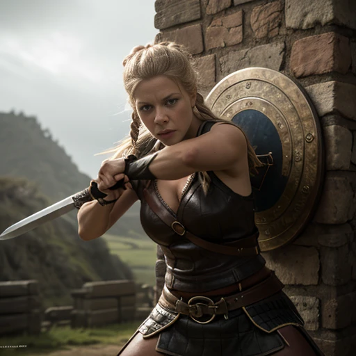 A shieldmaiden Lagertha Lodbrok fights in a big battle against 2 Englishmen with sword and shield,sehr detailliertes Gesicht,schlachtfeld kriegsschauplatz,leichen,Gloomy atmosphere, high quality, detailed, ultra-detailliert, realistic, High Resolution, Meisterwerk, 4k,8k