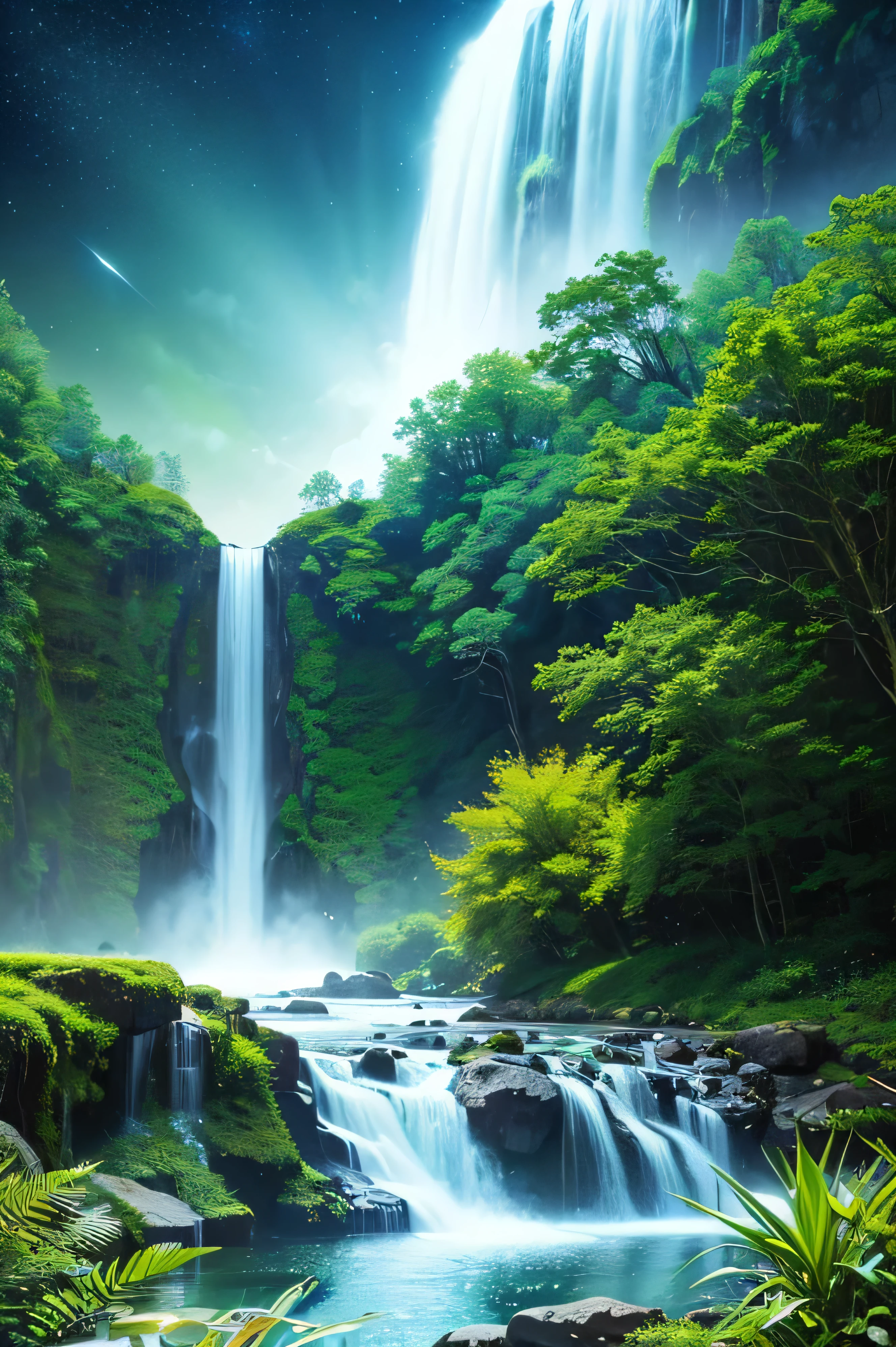 Hyper realistic 8k, ultra detailed, (Best Quality digital illustration Masterpiece of planet Earth in outer space), ((No Man)) (Beautiful planet Earth Illustration), (vivid Green nature and vegetation), (flowering plants), ((waterfall)), (Bright Stars), (Hyperdetail, Dynamic Camera), (Wide Angle), (Celestial Lighting), (Vivid Colors and Saturation), (trending on artstation,