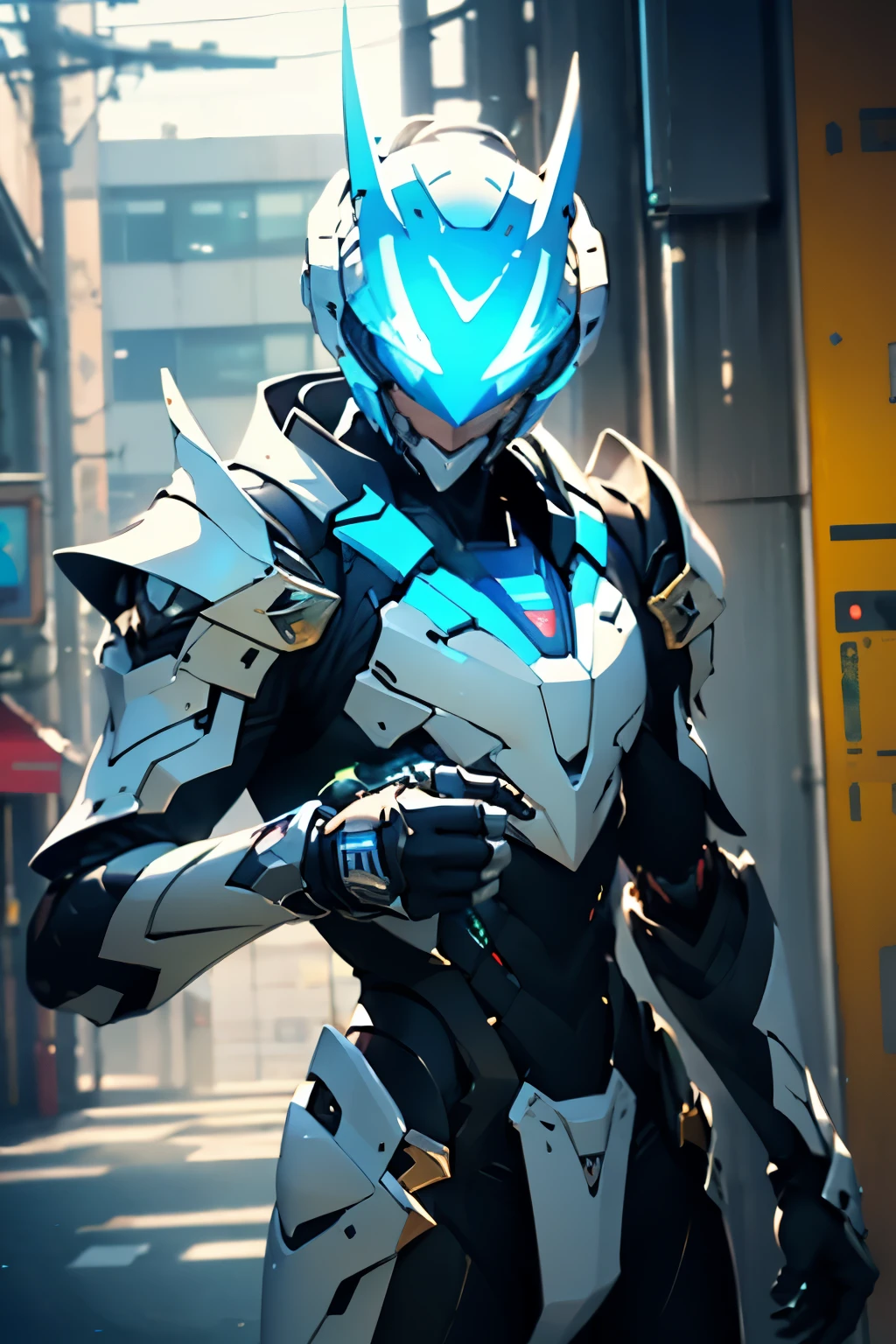 a man wearing a full-face helmet, a fantasy-style biotech armored combat suit, green eyes, (a composite layered chest armor), fully enclosed shoulder guards, matching arm and leg guards, the belt is adorned with Halo, (the color scheme is primarily white with red and blue accents), the design balances heavy with agility, a high-tech bio-mecha armor, (Armor Concept Inspired by Angel, stand on the top of a skyscraper in a futuristic sci-fi city), this character embodies a finely crafted fantasy-surreal style armored hero in anime style, exquisite and mature manga art style, (battle damage, element, plasma, energy, the armor glows), ((male:1.5)), metallic, real texture material, dramatic, high definition, best quality, highres, ultra-detailed, ultra-fine painting, extremely delicate, professional, perfect body proportions, golden ratio, anatomically correct, symmetrical face, extremely detailed eyes and face, high quality eyes, creativity, RAW photo, UHD, 32k, Natural light, cinematic lighting, masterpiece-anatomy-perfect, masterpiece:1.5