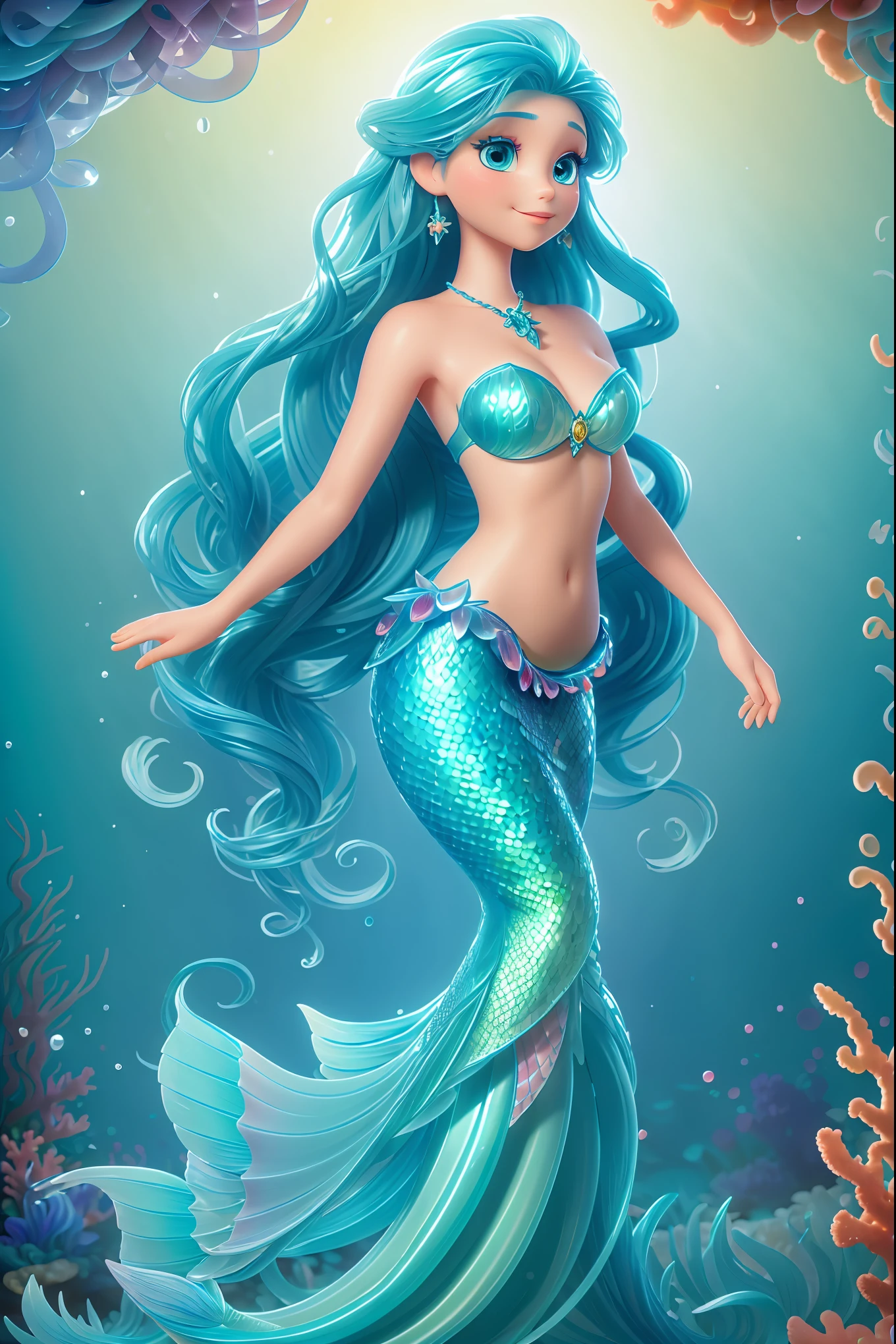 a mesmerizing mermaid with long blue hair, surrounded by the ocean, waves, coral reefs, creating a dreamy and aesthetic scene, detailed lighting effects, artistic feel, high quality artwork, ultra detailed, realistic, underwater fantasy, beautiful mermaid tail, ethereal atmosphere, vibrant colors, fantasy portrait, studio lighting.