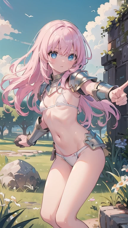 (masterpiece:1.2), (highest quality:1.2), perfect eyes, perfect face, perfect lighting, middle ages, grassland, Rock Shade, , 1 boy, Pink Hair, Iris,  Semi-long hair, Small breasts, ((((white bikini armor)))), (((punching)))