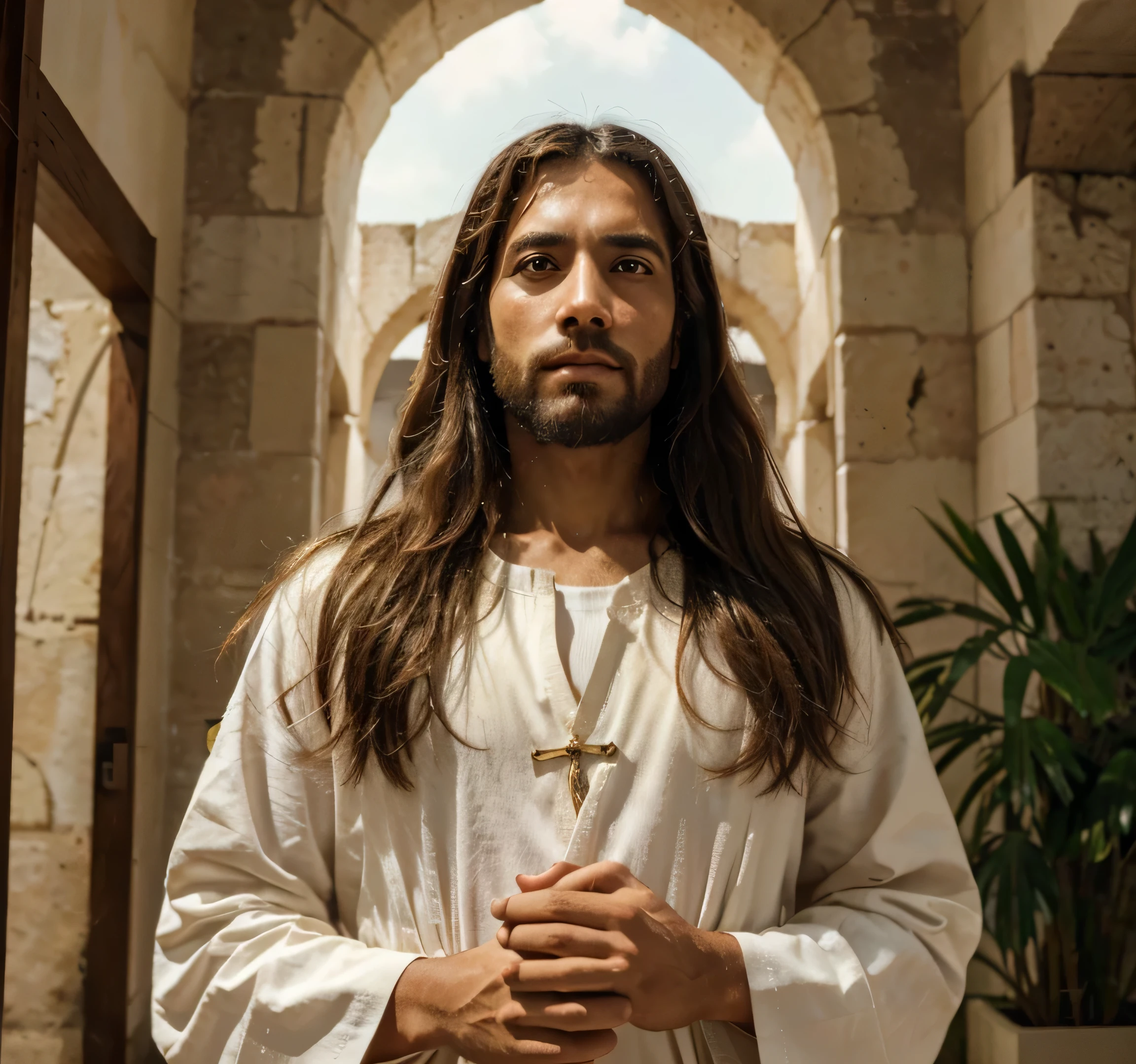 High definition image of Jesus Christ that conveys a feeling of serenity and compassion. na imagem jesus deve ser retratado de maneira respeitosa e reverente, wearing traditional costumes from biblical times.