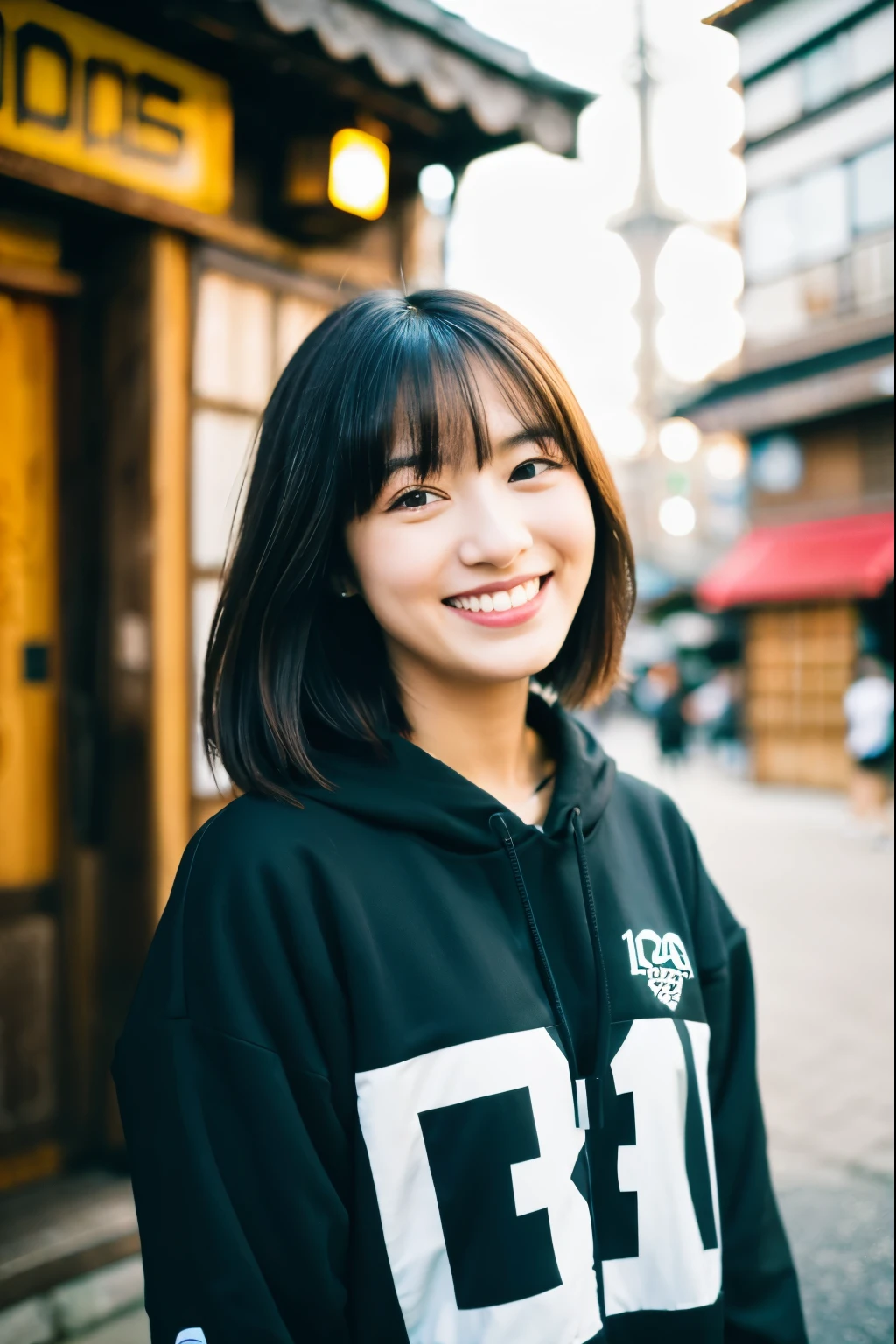 arafed woman standing in front of a tall tower with a smile, mid shot portrait, taken with canon eos 5 d mark iv, japanese streetwear, medium portrait, in front of ramen shop, outlive streetwear collection, portrait of a japanese , shot on sony a 7 iii, chiho, taken with canon 8 0 d, a young asian woman