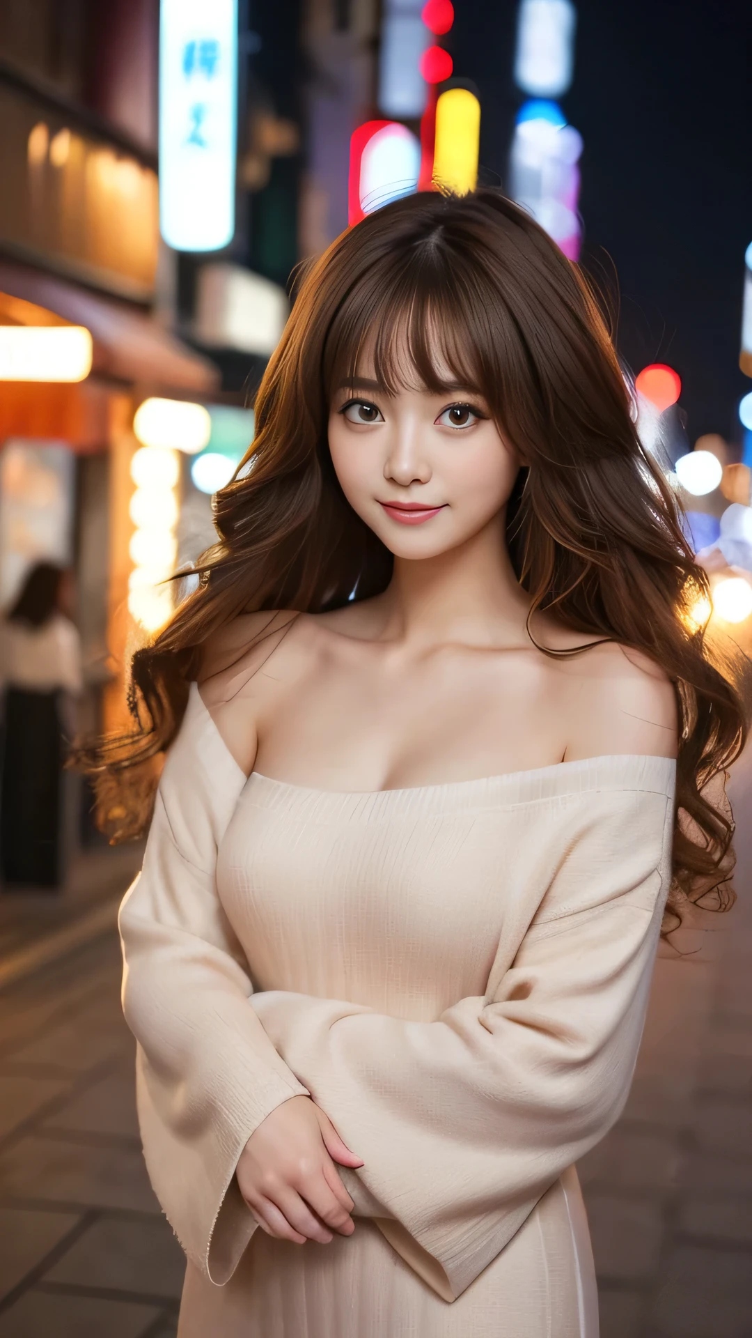highest quality,masterpiece,超A high resolution,RAW Photos,One Girl,Loose perm hair、length、Brown Hair、Arms crossed、Japanese、Loose perm hair、length、Brown Hair、smile、Arms crossed、Professional photography、Same skin type as humans、A woman dressed in Japanese clothing from head to toe、Blur the background、Anatomical accuracy、Very detailed and beautiful、Ultra HD、length、Her hair is flowing and sexy、Very detailed beautiful girl、Shoulder-length hair、sweater、Night City、City night view、Ultra-high resolution、