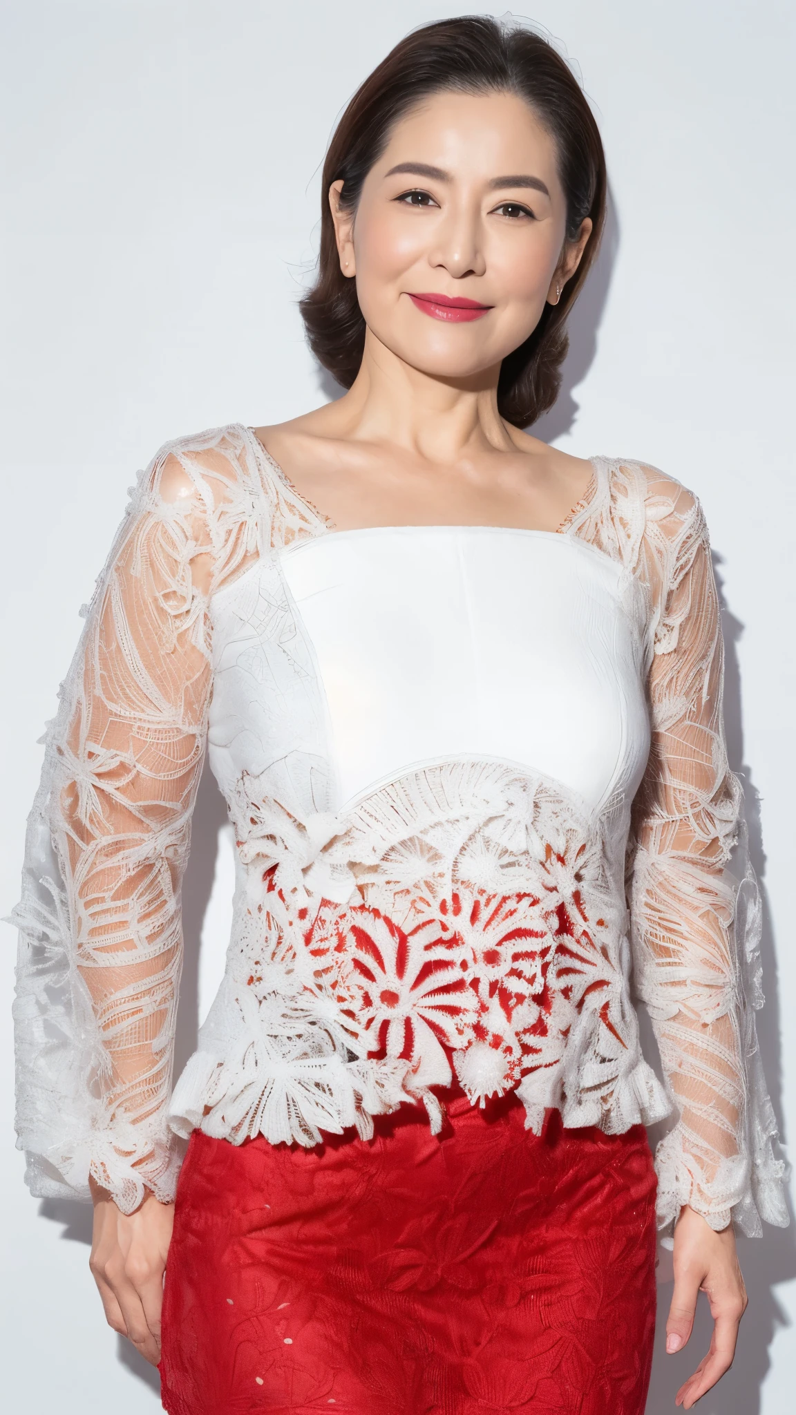 Mid-range close-up, Late Elderly, ((Fractal Art)), (((masterpiece))), 8k, Clear images, (((alone))), (((Asian Beauty))), Pure white background, Gray Hair, Hands behind back, Refreshing early summer outfit, Alluring, ((Elderly)), Depict lips accurately,Red lips, Flashy makeup, (((alone))), (((Perfect Anatomy))), Depicting ears correctly, Pure white background, gravure, Upright posture, smile, ((Beautiful mature woman)), highest quality, Very detailed, Realistic, Very detailed細なスキン, (Madame), (The corners of the mouth are turned up), 100 years old, Huge breasts, Mature Politician, Glamour, sexy, Pure white skin, Comfortable clothing,