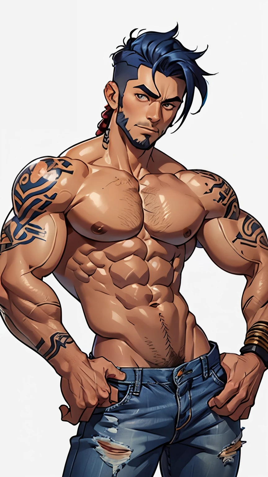 arafed man with tattoos on his chest and jeans on, belly button showing, shirtless, belly exposed, inked, lower half of his body is snake, the extremely hot and sexy, middle shot waist up, middle body shot, low quality video, abs, sexy hot body, tiktok video, [ rigidly defined abs ]!!, ripped