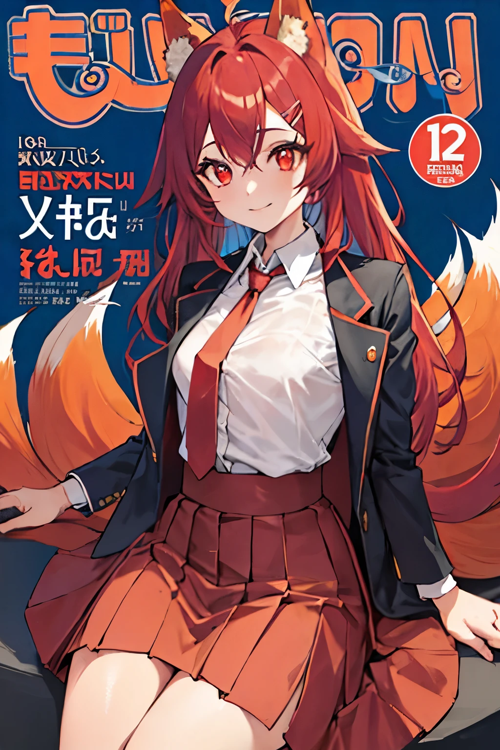 Firefox-Skollie, red eyes, fox girl, multiple tails, multicolored hair, 1girl, hairclip, solo, light smile, small breasts, looking at viewer, 
, pleated skirt, necktie, open jacket, magazine cover, simple background, 
(masterpiece:1.1), (best quality:1.1), (ultra-detailed:1.1), (illustration:1.1),