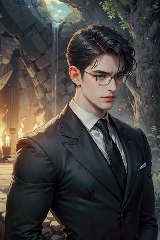 ((masterpiece)),(((best quality))), (detailed light) (detailed shadow), (high quality, breathtaking),(expressive eyes, perfect face), 1man, solo, male, tall, (mature), broard shoulder, muscular, short black Quiff hair, push back hair,, blue eyes, no smiling, black suit, black tie, serious face, stern expresion, butler, glasses, muscular, huge, RELAXED EXPRESION, (((PUSH BACK HAIR))), (hot sharp tired eyes), sharp features, DADDY