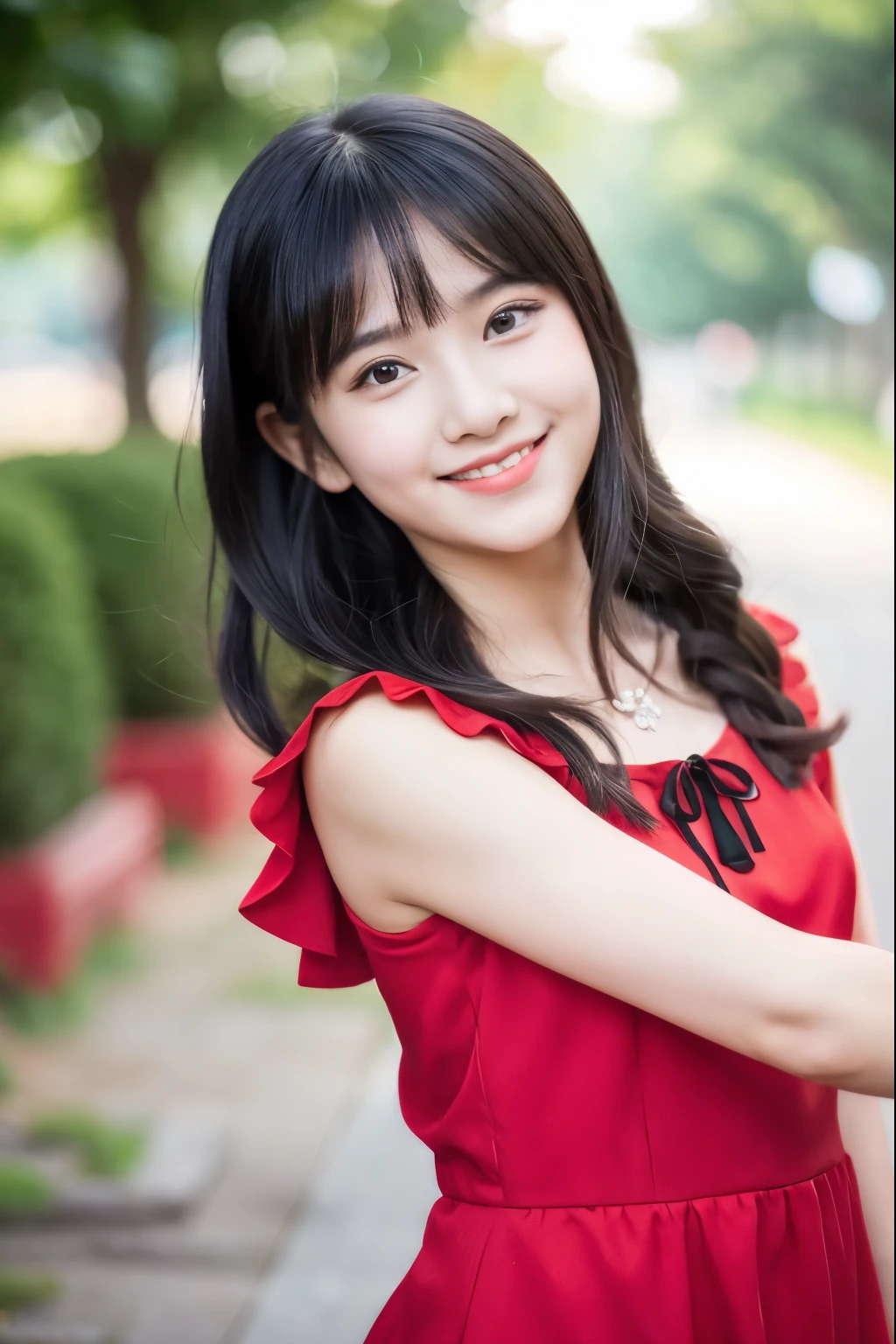 there is a young girl posing for a picture in a red dress, ruan cute vtuber, sakimi chan, 8k selfie photograph, lalisa manobal, chiho, anime thai girl, sakimichan, with cute - fine - face, very low quality, shikamimi, dang my linh, lovely smile, 