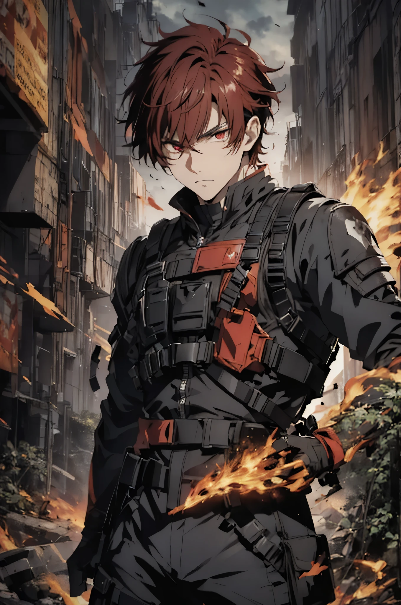 (absurdres, highres, ultra detailed), masterpiece, best quality, a man in a black outfit, red hair, battojutsu stance, solo, handsome, finely eye, detailed face, short hair, vibrant red eye, ruined city, dark background, from below, look down, cowboy shot, swirl, vortex, spark