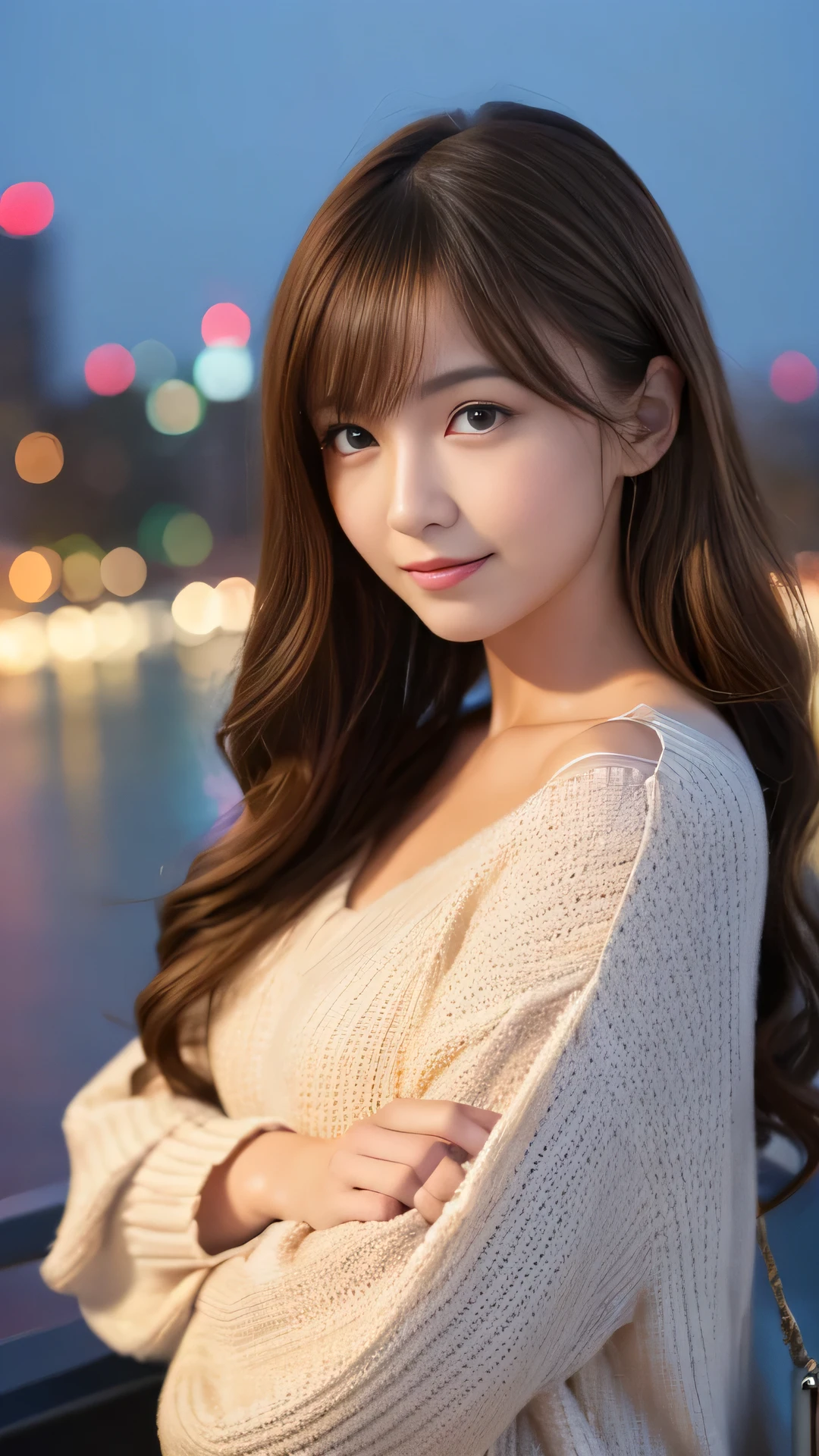 highest quality,masterpiece,超A high resolution,RAW Photos,One Girl,Loose perm hair、length、Brown Hair、Arms crossed、Japanese、Loose perm hair、length、Brown Hair、smile、Arms crossed、Professional photography、Same skin type as humans、A woman dressed in Japanese clothing from head to toe、Blur the background、Anatomical accuracy、Very detailed and beautiful、Ultra HD、length、Her hair is flowing and sexy、Very detailed beautiful girl、Shoulder-length hair、sweater、Night City、City night view、Ultra-high resolution、