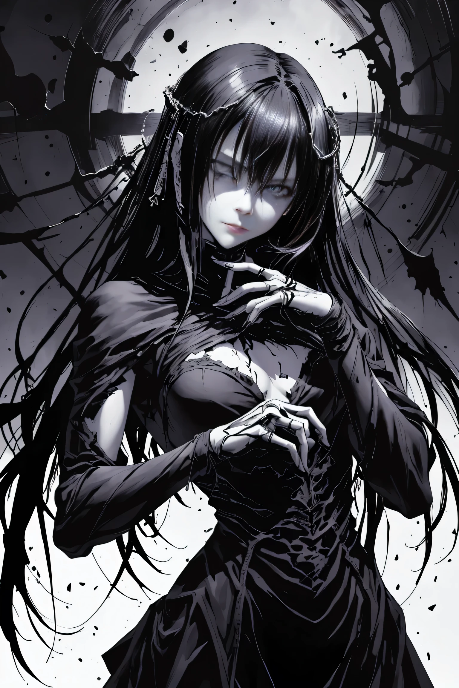 v5lcn style,ink art,(Best Quality,masutepiece:1.2),(black and white comic core:1.1),(extreme high contrast),Dark ink,1girl in,A dark-haired,Shadow on face、4K,resolution, ripped long hair, ring halo above head, Angel Girl,