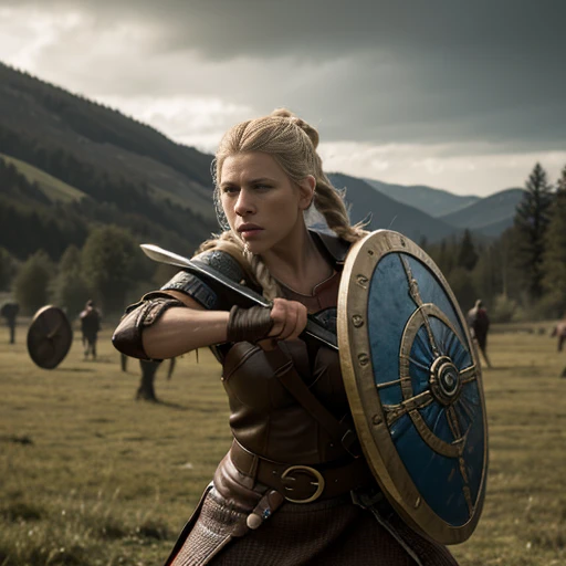 A shieldmaiden Lagertha Lodbrok fights in a big battle against 2 Englishmen with sword and shield,sehr detailliertes Gesicht,schlachtfeld kriegsschauplatz,leichen,Gloomy atmosphere, high quality, detailed, ultra-detailliert, realistic, High Resolution, Meisterwerk, 4k,8k