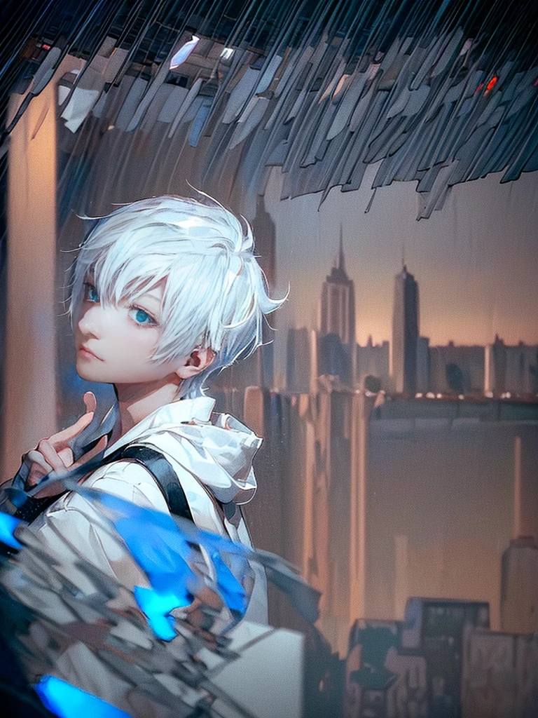 ((4K works))、masterpiece、(top-quality)、One beautiful boy、Slim body、tall、((Black Y-shirt and white pants、Charming street style))、Please wear one jacket、Wearing a hood to hide his face、(Detailed beautiful eyeorning City、((Rainy city))、Fashionable city with morning rain、During the walk、((Bright, Cloudy sky))、((Face similar to Carly Rae Jepsen))、((Short-haired white hair))、((Smaller face))、((Neutral face))、((Bright blue eyes))、((American adult male))、((Adult male 26 years old))、((Cool Men))、((Like a celebrity))、((Glaring at him with a wild expression))、((Korean Makeup))、((elongated and sharp eyes))、((Happy dating))、((boyish))、((Upper body photography))、Professional Photoodel photo))、((Shot alone))、((He's under the roof))、((Looking up at the sky))、((photographed from the back))、((He is looking upwards))、((His eyes are looking upwards))、((Increase the angle of the face))、((He is walking in front of the viewer))