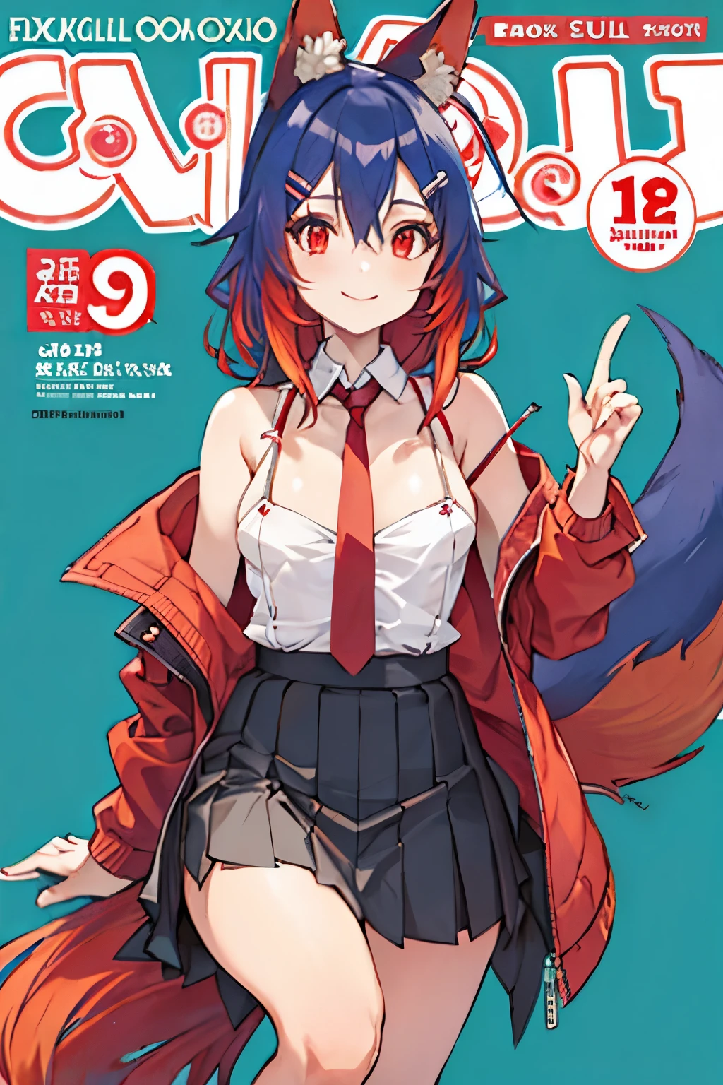Firefox-Skollie, red eyes, fox girl, multiple tails, multicolored hair, 1girl, hairclip, solo, light smile, small breasts, looking at viewer,
, pleated skirt, necktie, open jacket, magazine cover, simple background,
(masterpiece:1.1), (best quality:1.1), (ultra-detailed:1.1), (illustration:1.1),