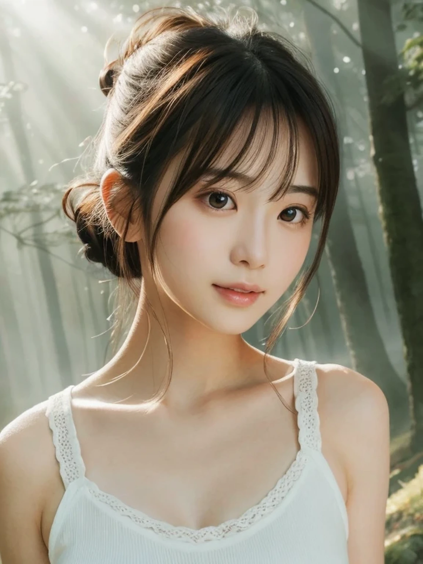 Beautiful Japanese girl, sad, open mouth to say something, shy, Soft skin and a nice perfect face, A small face with a nose and rosy lips, Beautiful Eyes, Beautiful smile. Surrounded by a bright, ethereal glow、half updo, Tank top, Hyperrealistic female photos, High quality high resolution 8K masterpiece, The morning sunlight shines through the misty forest path,