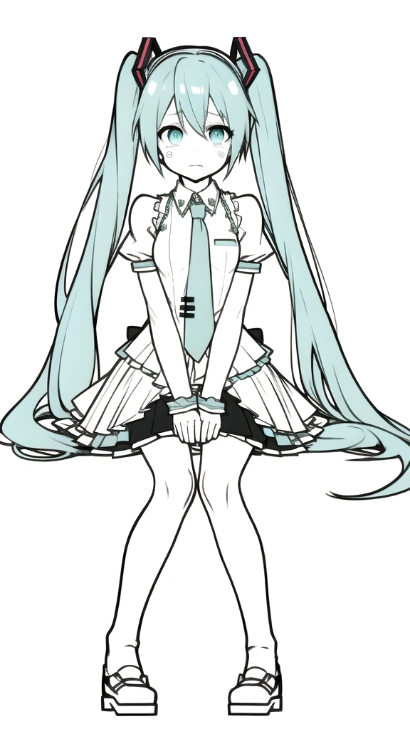 best quality, chibi, 1 girl, miku, Hatsune Miku, (full body), Pure white background,Vivid,clearly,sad face,,Are crying,Sit down