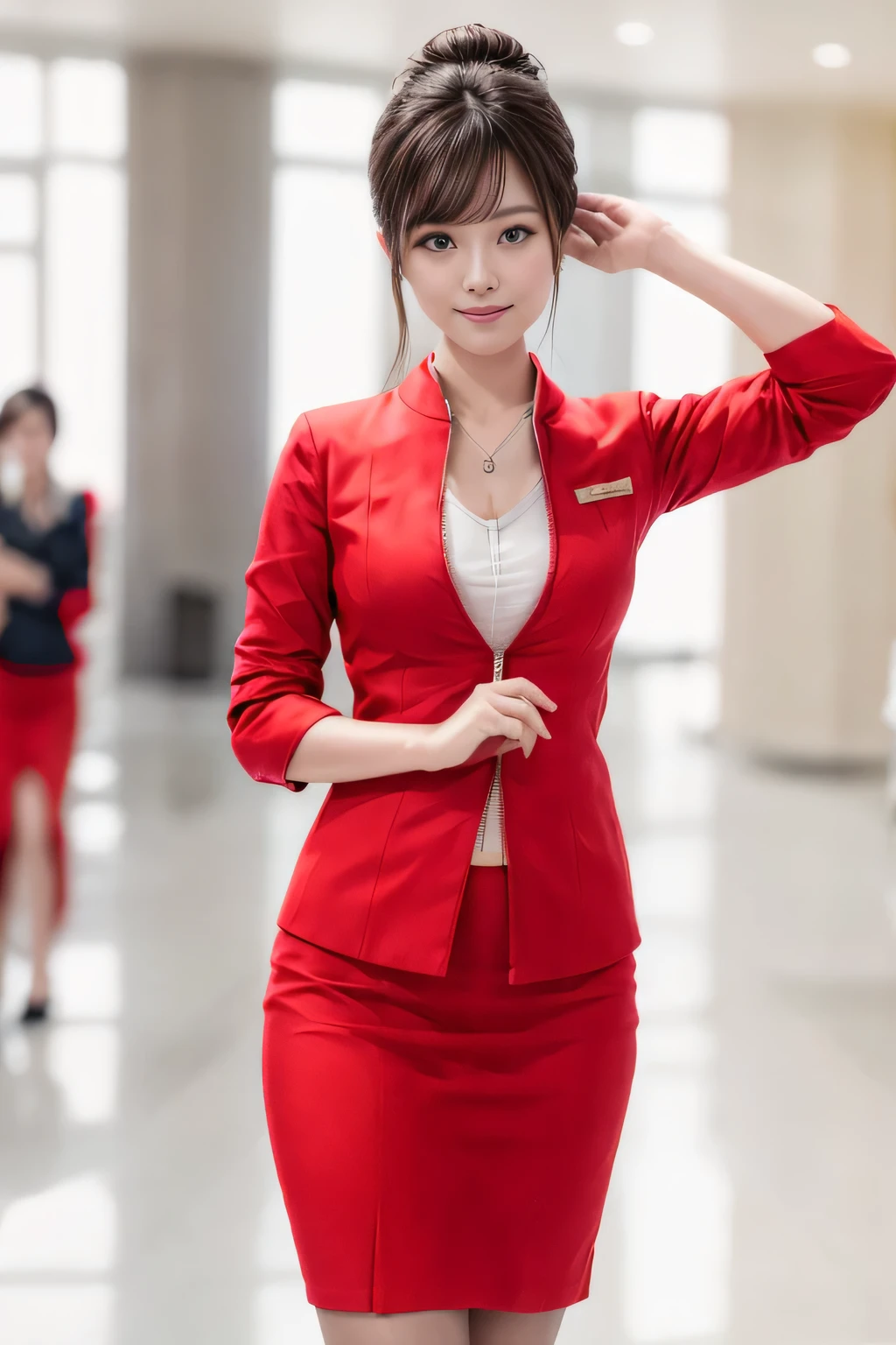 (masterpiece:1.2, highest quality:1.2), 32K HDR, High resolution, (alone、1 girl)、(At the airport lounge、Professional Lighting)、Airport Lounge Background、Beautiful lounge view、(Realistic style with AirAsia flight attendant uniforms)、(AirAsia uniform unzipped red jacket、AirAsia uniform long sleeve red jacket、AirAsia uniform red mini tight skirt、AirAsia uniform white shirt unbuttoned)、Big Breasts、(AirAsia uniform shirt showing big breasts)、Dark brown hair、(Hair tied up、Bun Hair、Chignon)、Dark brown hair、Long Shot、((Fine hand:2.0)),((Harmonious body proportions:1.5)),((Normal limbs:2.0)),((Normal finger:2.0)),((Delicate eyes:2.0)),((Normal eyes:2.0)))、Luxury Necklace、Beautiful appearance,Place your hands around your stomach