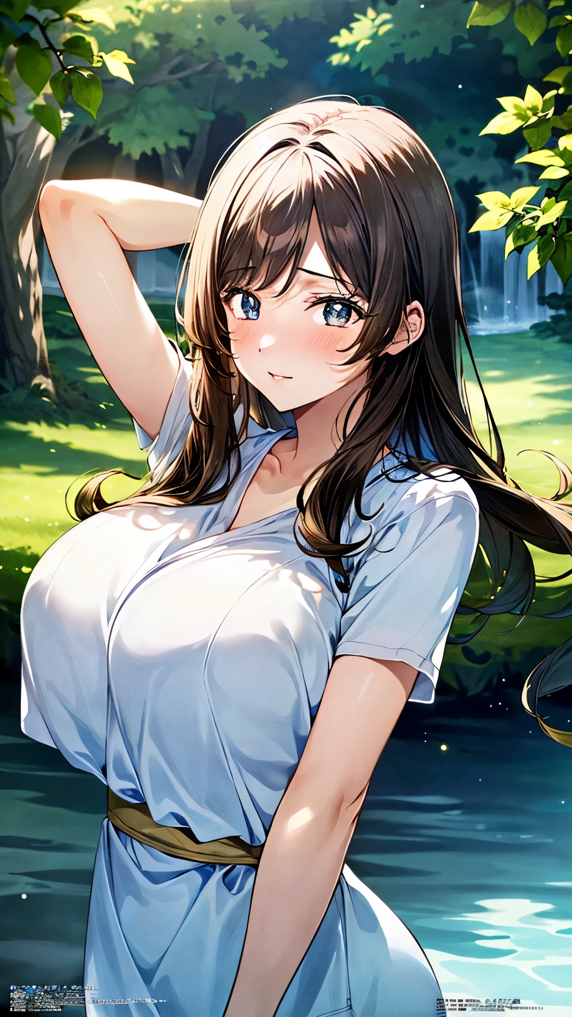 (perfect anatomy),(8k,masterpiece:2.0,megami magazine:1.4,best quality, ultra high resolution, ultra-detailed,beautiful illstration),(natural side lighting, movie lighting),nature,(two arms,two hands,two regs,five fingers),1 woman,20 years old,(gleaming skin,drooping eyes,big eyes,drunken eyes,beautiful detailed eyes),curvy,two huge ,sagging breasts