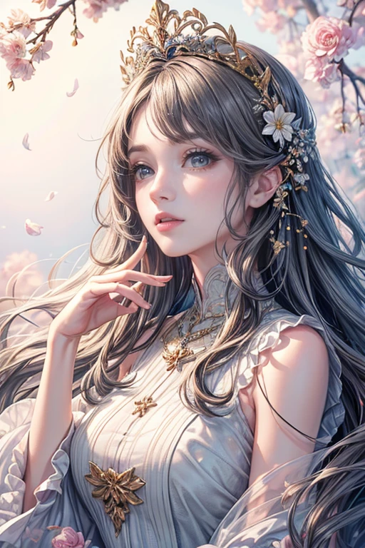 (highest quality,8k,CG),Upper body details,Lonely Girl,Floral forest background,Complex facial features,Elegant long curly hair,large almond-shaped eyes,,Detailed eye makeup,Long eyelashes,Twinkling Star,Exquisite lip detail,Soft and harmonious style.