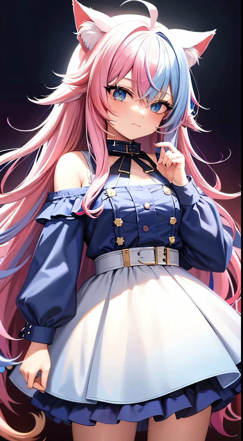 cowboy shot, masterpiece,Splash color, soft lighting,(cocktail glass), 1girl, solo, cat ears, multicolored hair, ((gradient hair), white+(blue)+(pink:0.5) hair//), very long hair, messy hair, bangs, ahoge, ((gradient eyes), pink+light_blue eyes//), slit pupils, glowing eyes, 1fang, white sweater