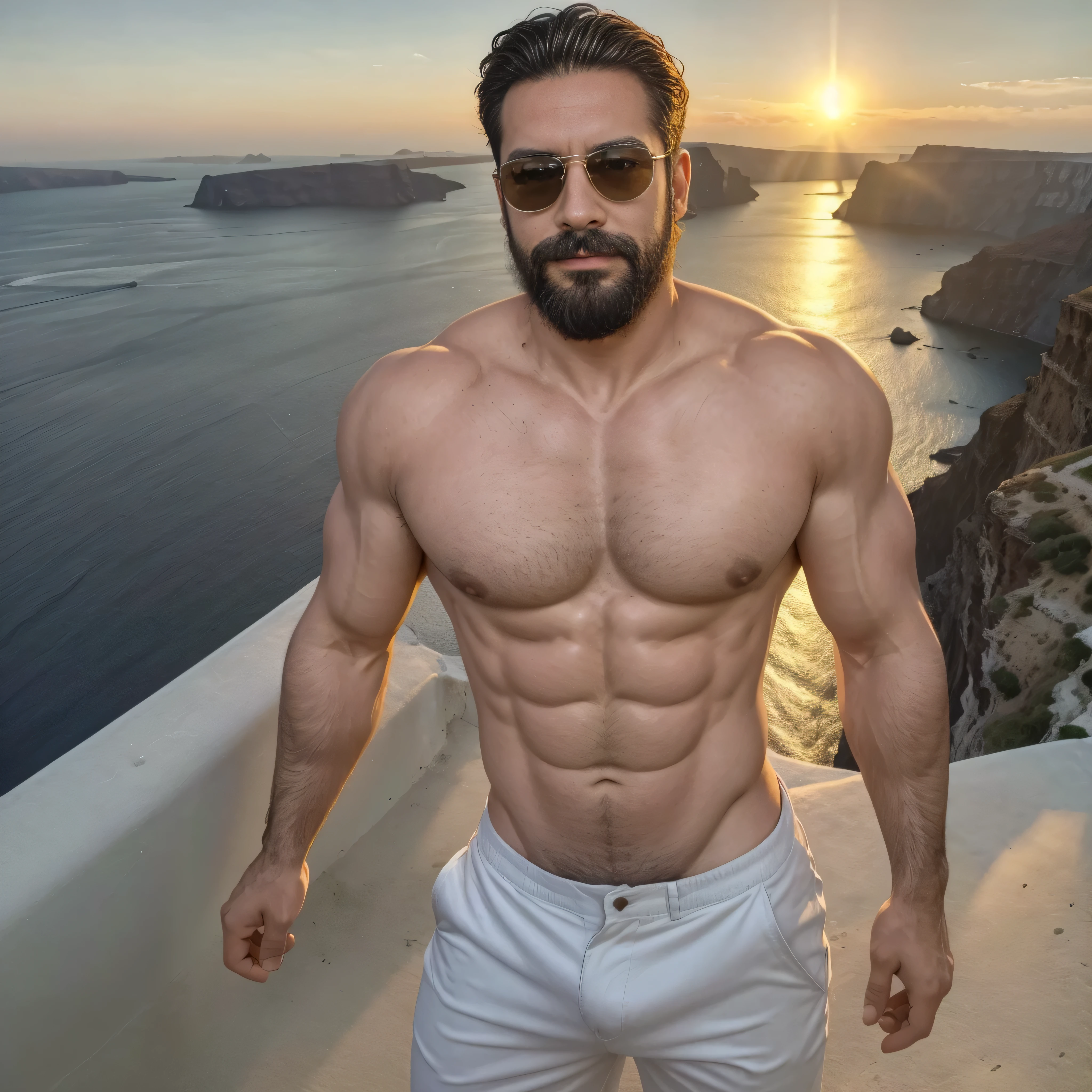 Create an image of an extremely sexy 38-year-old man with a well-groomed beard and stylish sunglasses. He should be shirtless, showcasing his chiseled upper body, and wearing fitted pants that accentuate his physique. The background should feature one of the world's most stunning sceneries, such as a pristine beach at sunset, the breathtaking cliffs of Santorini, or the iconic skyline of New York City. Ensure the setting enhances his allure, with soft, golden lighting that highlights his muscular physique and captures his confident, seductive expression.