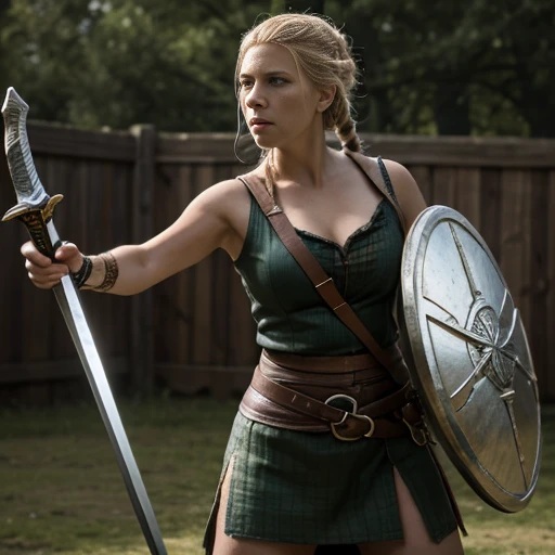 A shieldmaiden Lagertha Lodbrok fights in a big battle against 2 Englishmen with sword and shield,sehr detailliertes Gesicht,schlachtfeld kriegsschauplatz,leichen,Gloomy atmosphere, high quality, detailed, ultra-detailliert, realistic, High Resolution, Meisterwerk, 4k,8k
