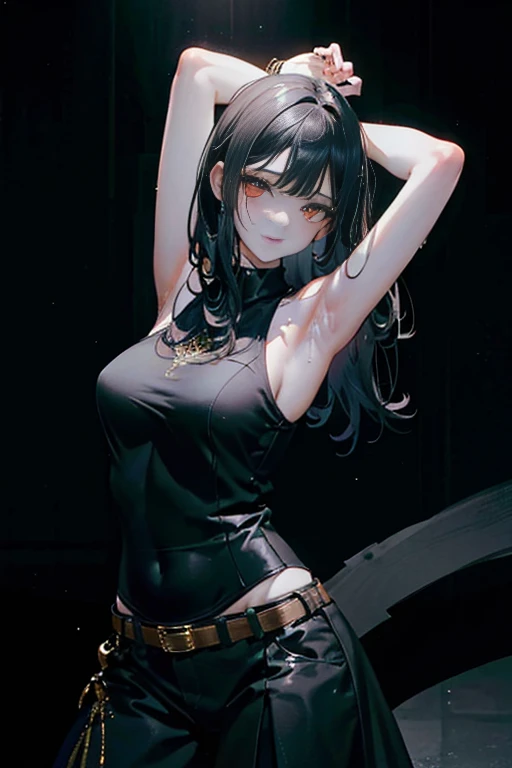 a beautiful girl with medium black hair, golden eyes, doing her hair in a pose, armpits visible, sweaty, female rover, wuthering waves, masterpiece, best quality, highres, 8k, extremely detailed, photorealistic, photo-realistic, vivid colors, studio lighting, physically-based rendering, professional, intricate details, hyper-detailed, sharp focus, cinematic lighting, dramatic atmosphere, cinematic composition