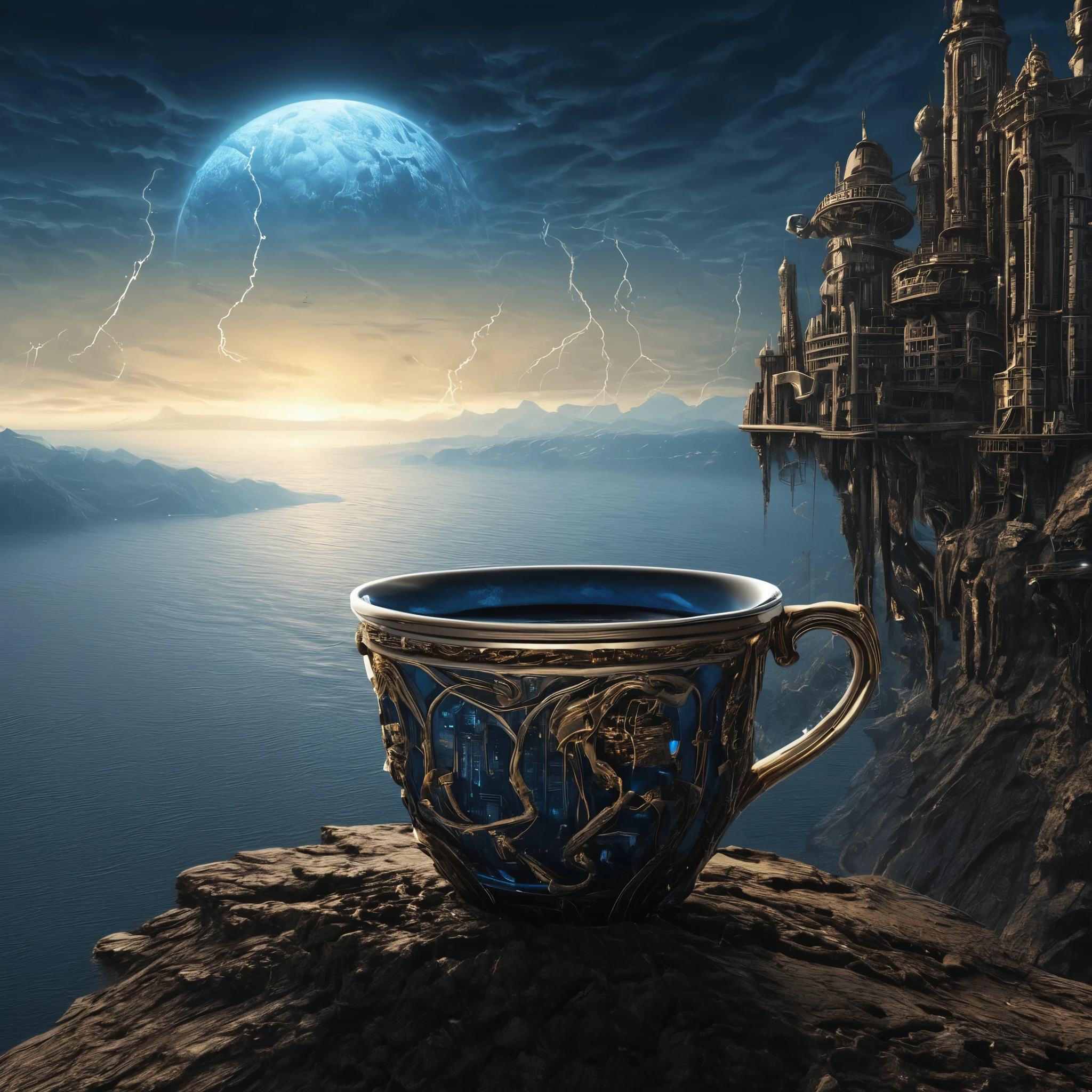 (((Luxury island floating in a coffee cup, golden tones, blue sky, reflective surfaces, road with cars, lightning, against the backdrop of space))), Karl Lagerfeld style, charming, victorious, Intricate, Beautiful, great style by Yossi Kotler, Karl Lagerfeld, Golden ratio, CGSociety Trends, Intricate, epic, Artstation trend, by artgerm, K.R. Giger & Beksinski, high detail, Vibrant cinematic designs