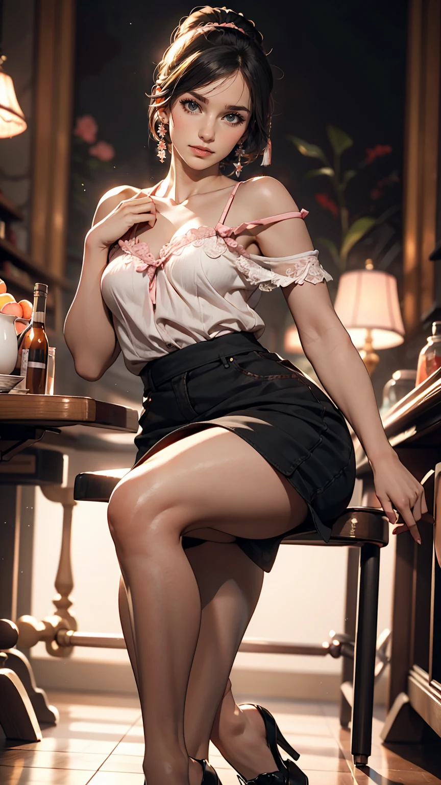A lovely and sweet Chinese woman, Delicate and sexy collarbone, Attractive goose face, double eyelid, Clever pink eyes, Pink Lips, small, upturned nose, Exposing shoulders, Plump butt, Beautiful long legs, Concentrated face, Face close-up, Ultra HD, Super detailed, Full body photo, Ultra-thin, optimal light transmission ratio, 4 fingers and 1 thumb, Horse face skirt