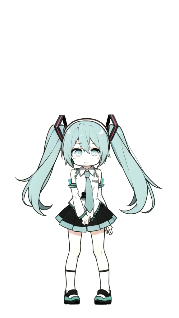 best quality, chibi, 1 girl, miku, Hatsune Miku, (full body), Pure white background,Vivid,clearly,sad face,,Are crying,Fall